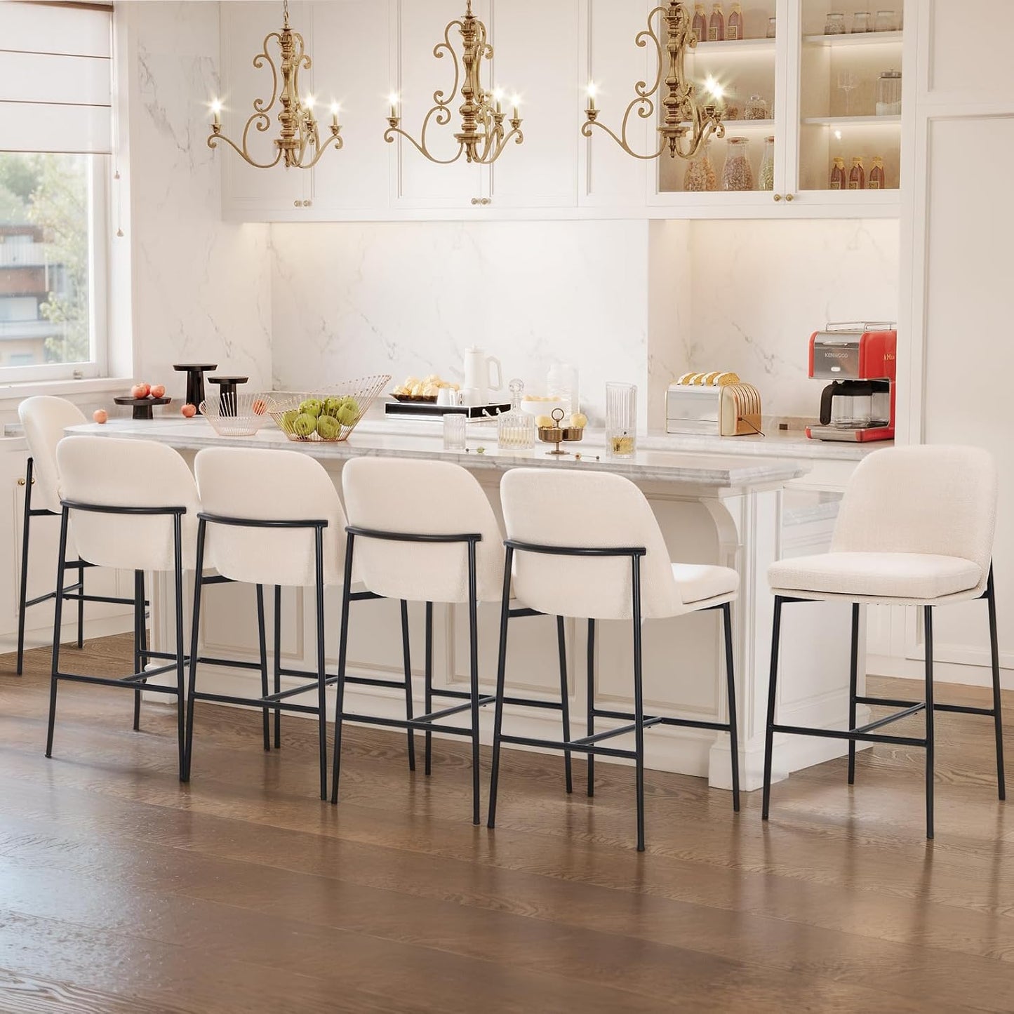 COLAMY Counter Height Bar Stools Set of 6, 25 Inch Modern Fabric Kitchen Island Stools with Back, Upholstered Counter Barstools Armless Bar Chairs with Metal Legs for Island Dining Room Bar, Beige