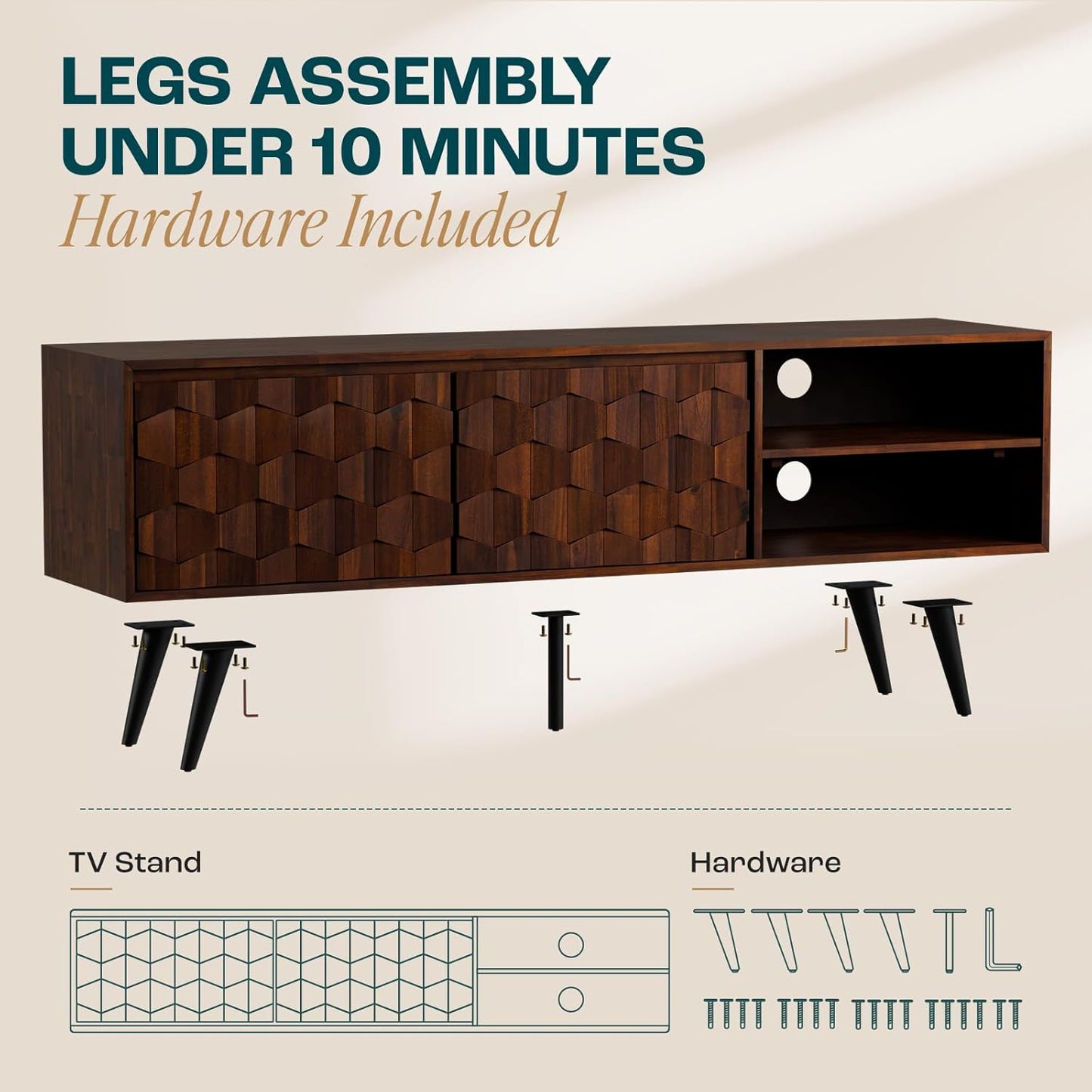 Bme Georgina 65 Inch Solid Wood TV Stand, Under 10 Minutes Assembly Entertainment Center with Storage, Geometric Pattern TV Console for Living Room, Bedroom, Dinning Room - Walnut