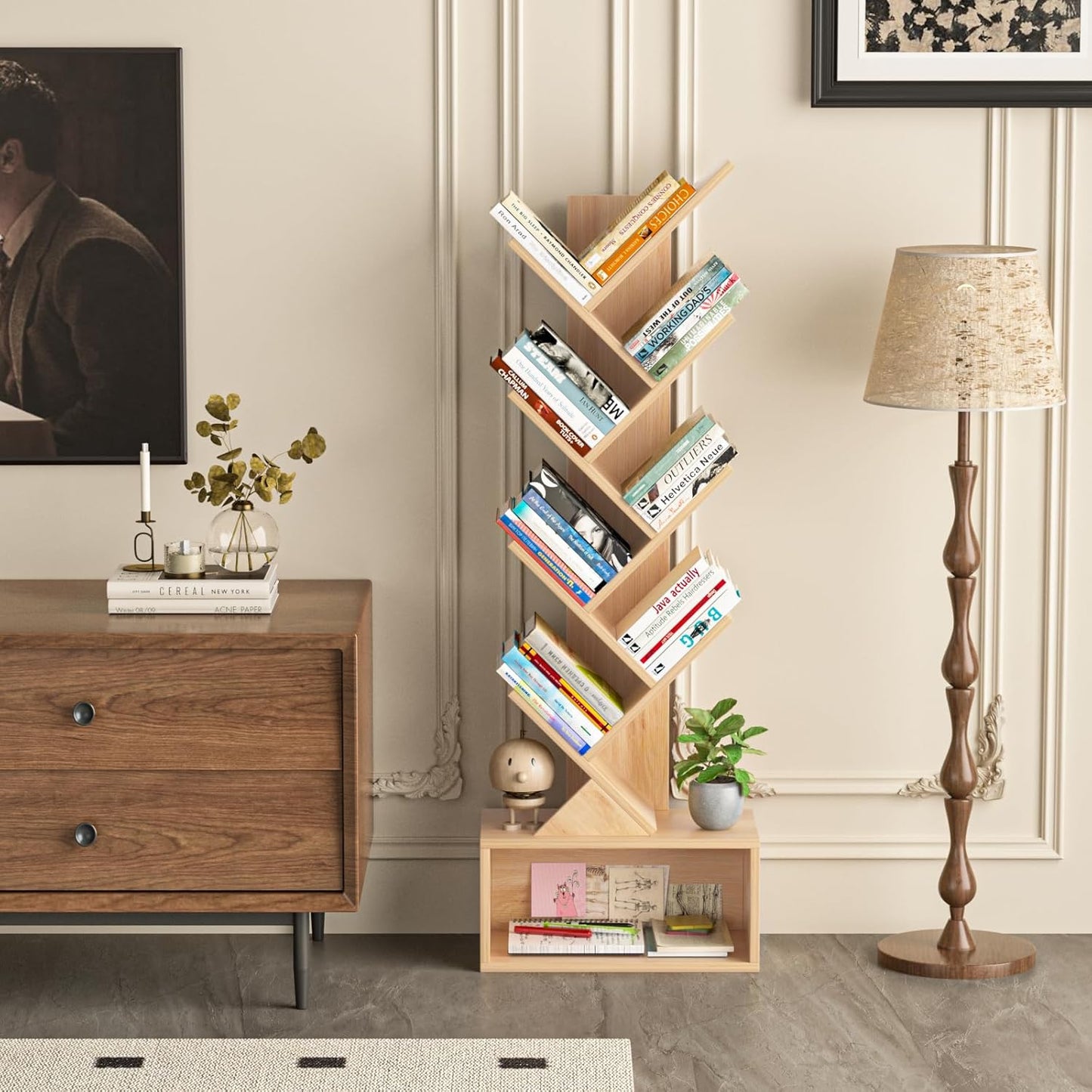 9 Tier Tree Bookshelf,Christmas Green Bookcase for Narrow Space, Storage Organizer Floor Standing Bookshelves for Books, Tall Book Case for Home Office, Living Room, Bedroom