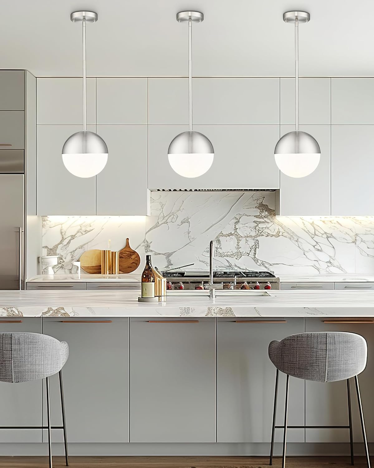 LMS 2 Pack Modern Pendant Lights, Mid Century Brushed Nickel Kitchen Lighting with White Globe Glass Shade, Adjustable Hanging Light Fixtures Ceiling Light for Home Office Dining Room, LMS-186BN2PK