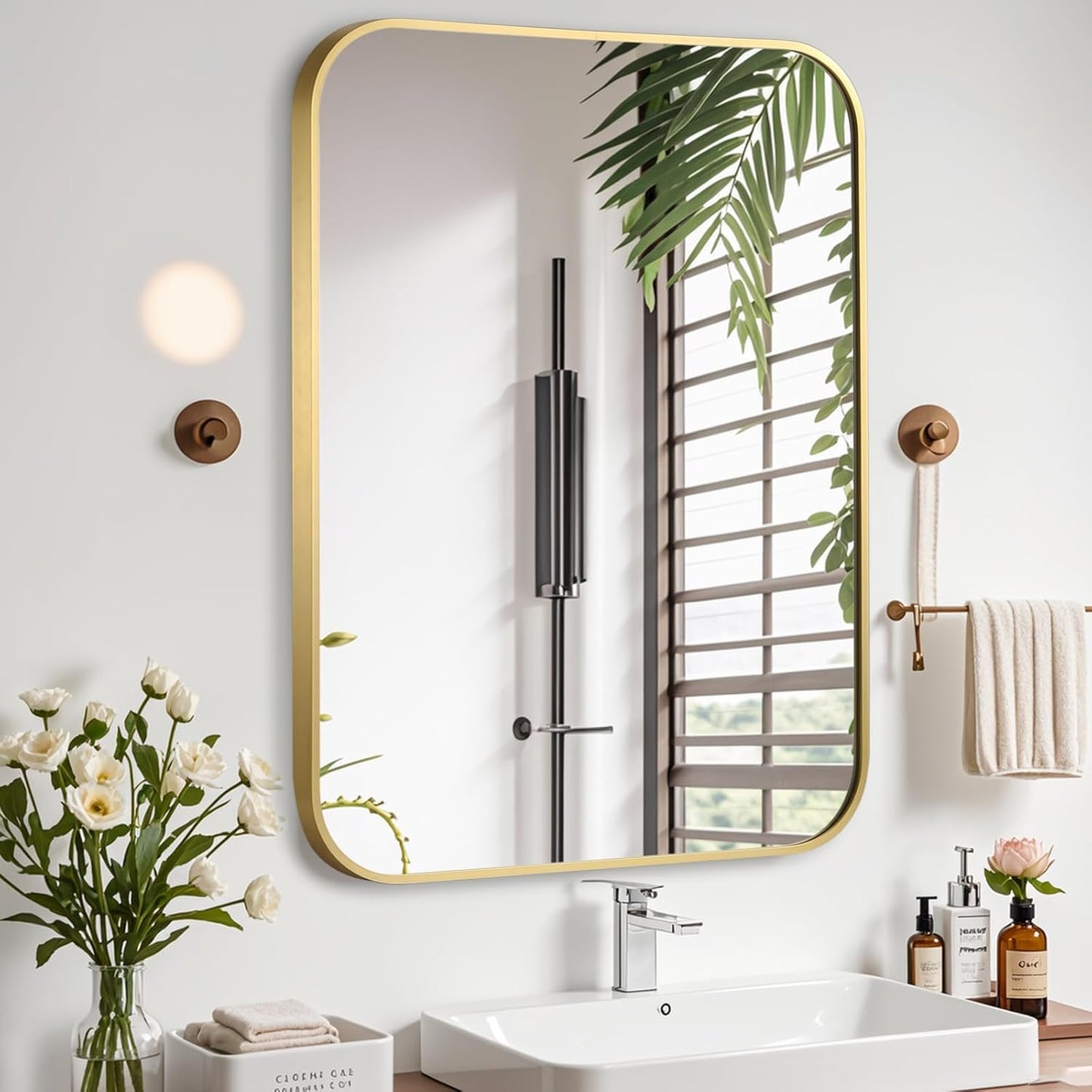 Brushed Gold Mirror, 16"x20" Rectangle Bathroom Mirror, Metal Frame Rectangle Corner Vanity Mirror, Wall Mounted Mirror for Modern, Living Room, Bedroom, Horizontal Or Vertical