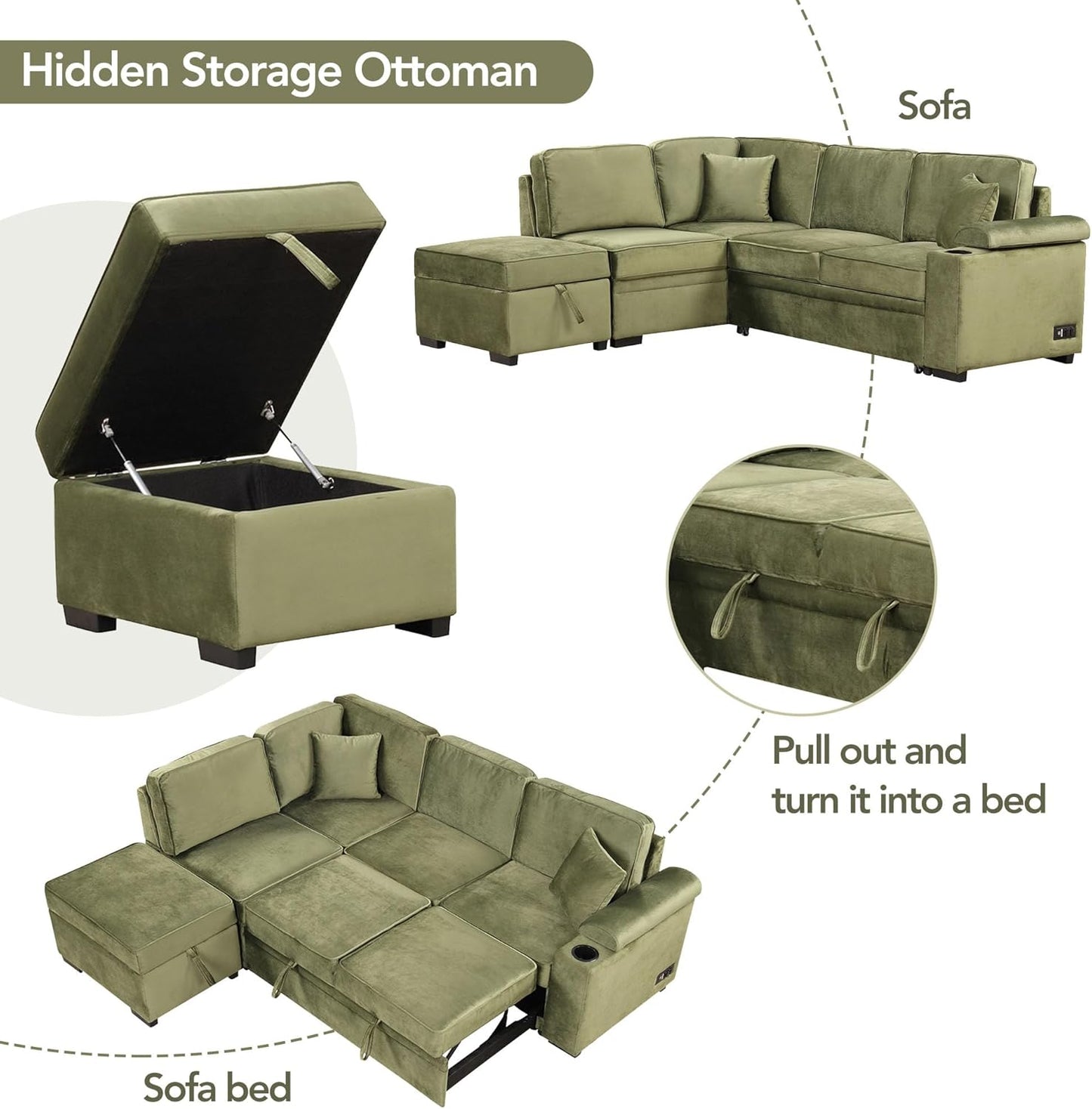 Ball & Cast Sleeper Sofa Bed L Shaped Couch with Storage Ottoman,Pull-Out Sectional Sofa Couch w/Cup Holder and Charging Stations,for Living Room and Small Apartment,Green