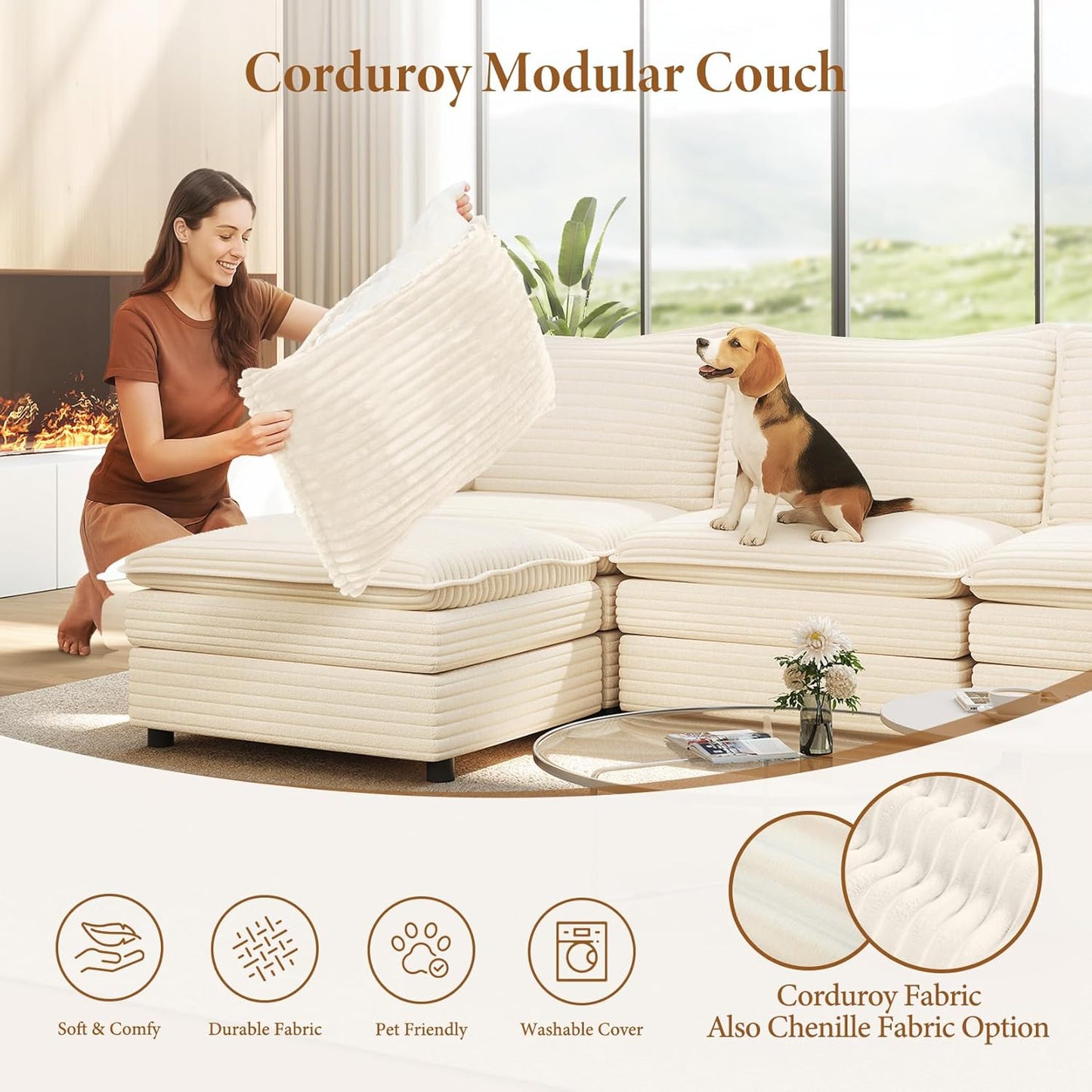 Vesgantti Large Modular Sectional Sofa, Big Comfy Cloud Couch with Ottoman Deep Seat Corduroy Cloud Sofa, 8 Seater Large Sectional Couches for Living Room, Bedroom and Apartment, Beige