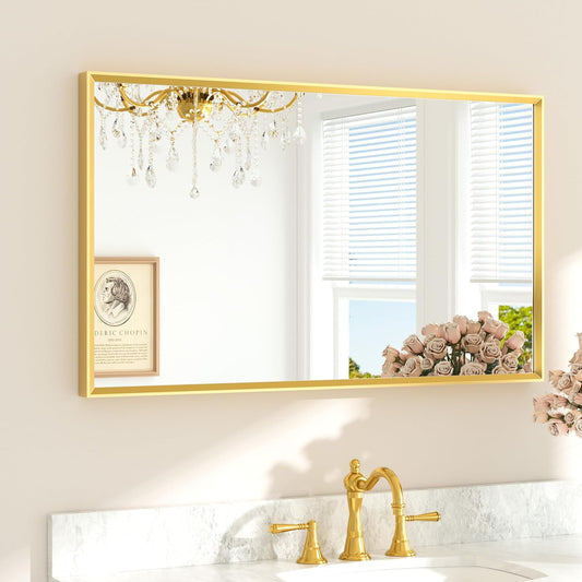 TETOTE Brushed Gold Vanity Mirror for Bathroom 40" x 24" Brushed Brass Rectangle Beveled Framed Bathroom Wall Mirror for Over Sink, Tempered Glass, Modern Farmhouse Bedroom, Entryway, Living Room