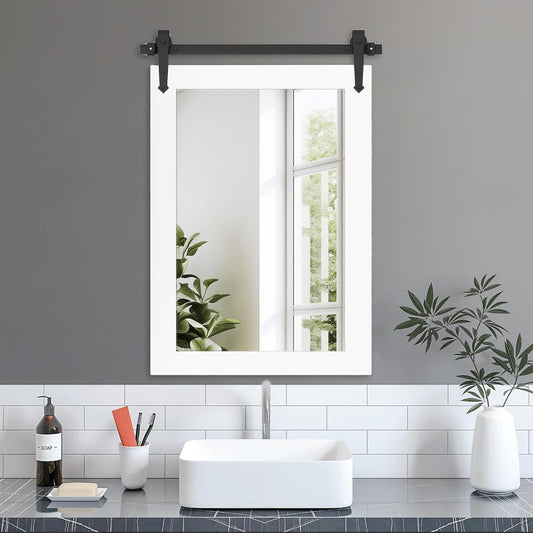 Farmhouse Bathroom Mirror for Over Sink 22”x32” Wood Frame Rustic Barn Door Bathroom Vanity Mirror, Wall Mirror for Bathroom, Living Room, Bedroom, Entryway (Bright White)