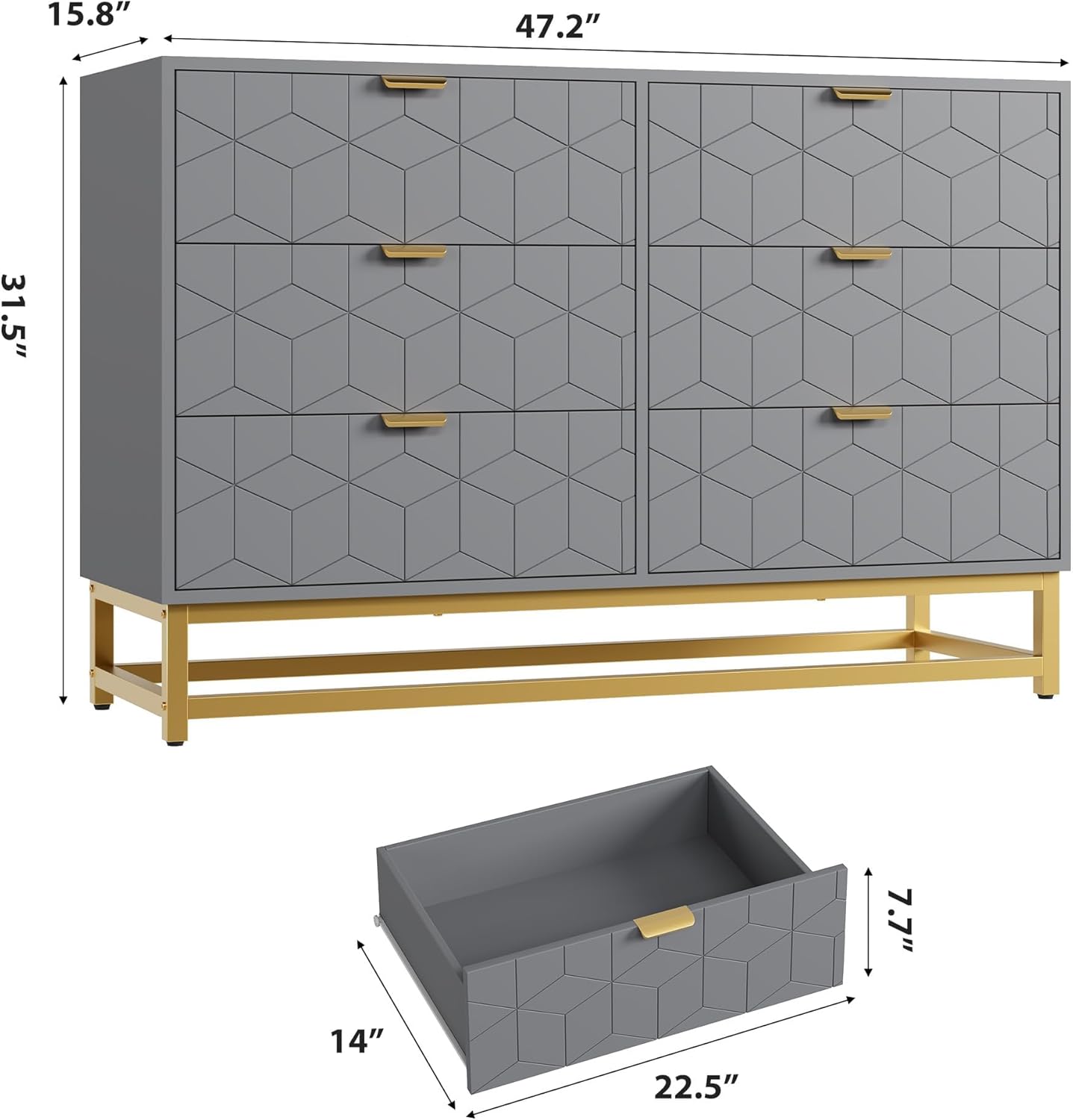 GAOMON Grey Dresser for Bedroom,Modern 6 Drawer Double Dresser with Gold Handles,Long Storage Organizer for TV Stand & Closet,Large Chest of Drawers for Living Room,Hallway,Entryway