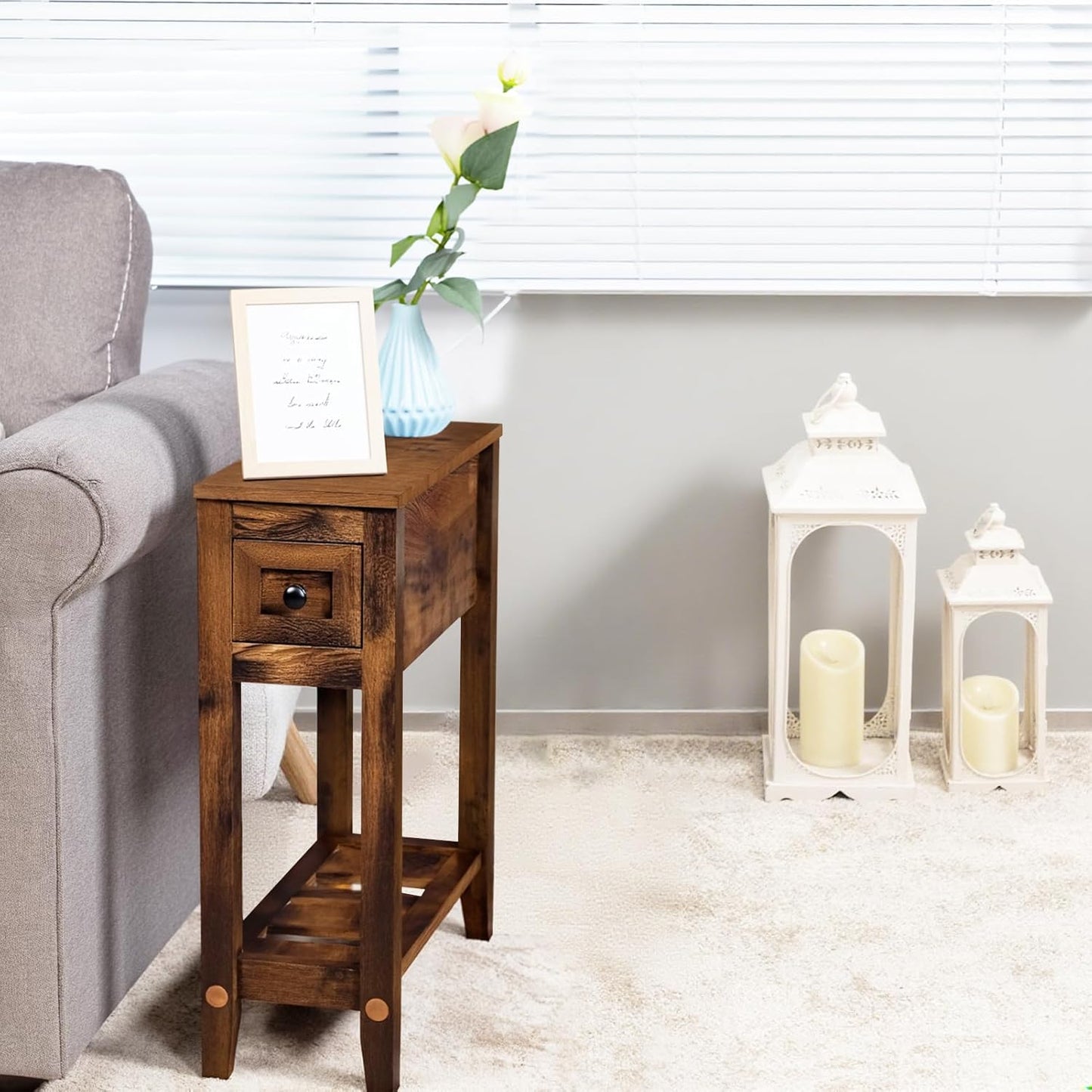 Chairside Table with Charger,Cherry End Table with Movable Top and Charging Station, Narrow Side Table with Storage Cabinet and USB, Sofa Table for Living Room Bedroom