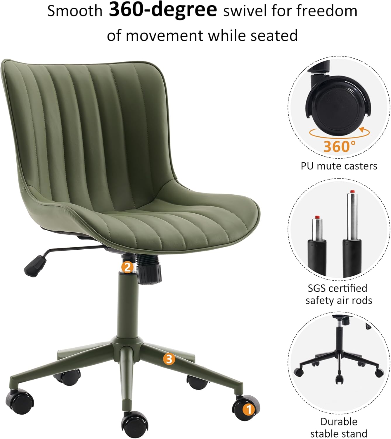 YOUNIKE Green Home Office Desk Chair with Wheels Armless Compact Comfy Vanity Chair with Adjustable Back Modern Small Leather Upholstered Rolling Swivel Cute Computer Task Sewing Chair No Arms