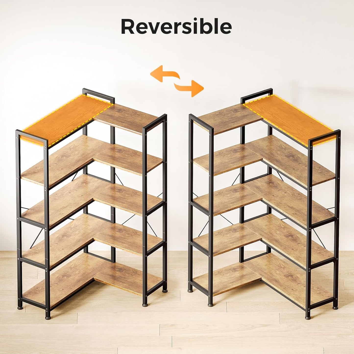 Casaottima Corner Bookshelf 5 Tier, 57 Inches Reversible Book Shelf for Living Room, Industrial Wooden Bookcase with Open Shelves and Metal Frame for Bedroom, Home Office, Kitchen, Rustic Brown