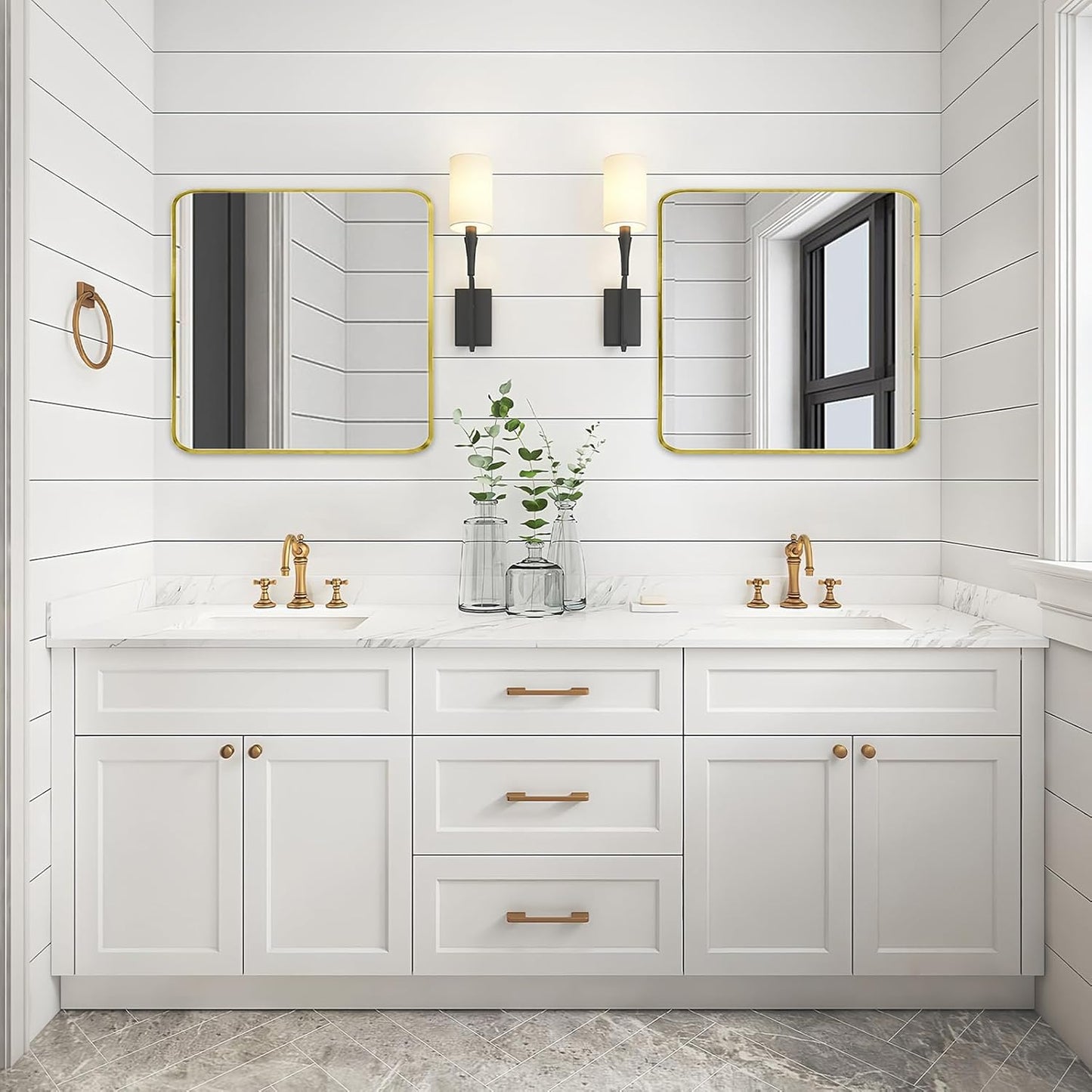 Wall Mount Mirror for Bathroom, Brushed Gold Metal Framed Rounded Corner Square Rectangular Vanity Mirror (30" x 30", Gold)