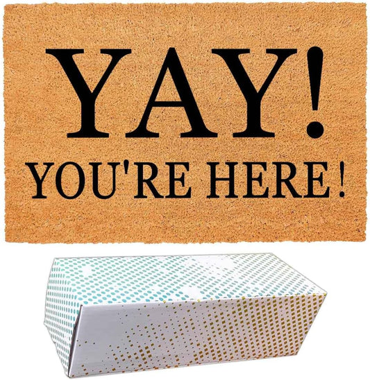 Yay You're Here Funny Coir Doormat - Natural Brown Entryway Welcome Mat, 23.7 x 15.7 inch