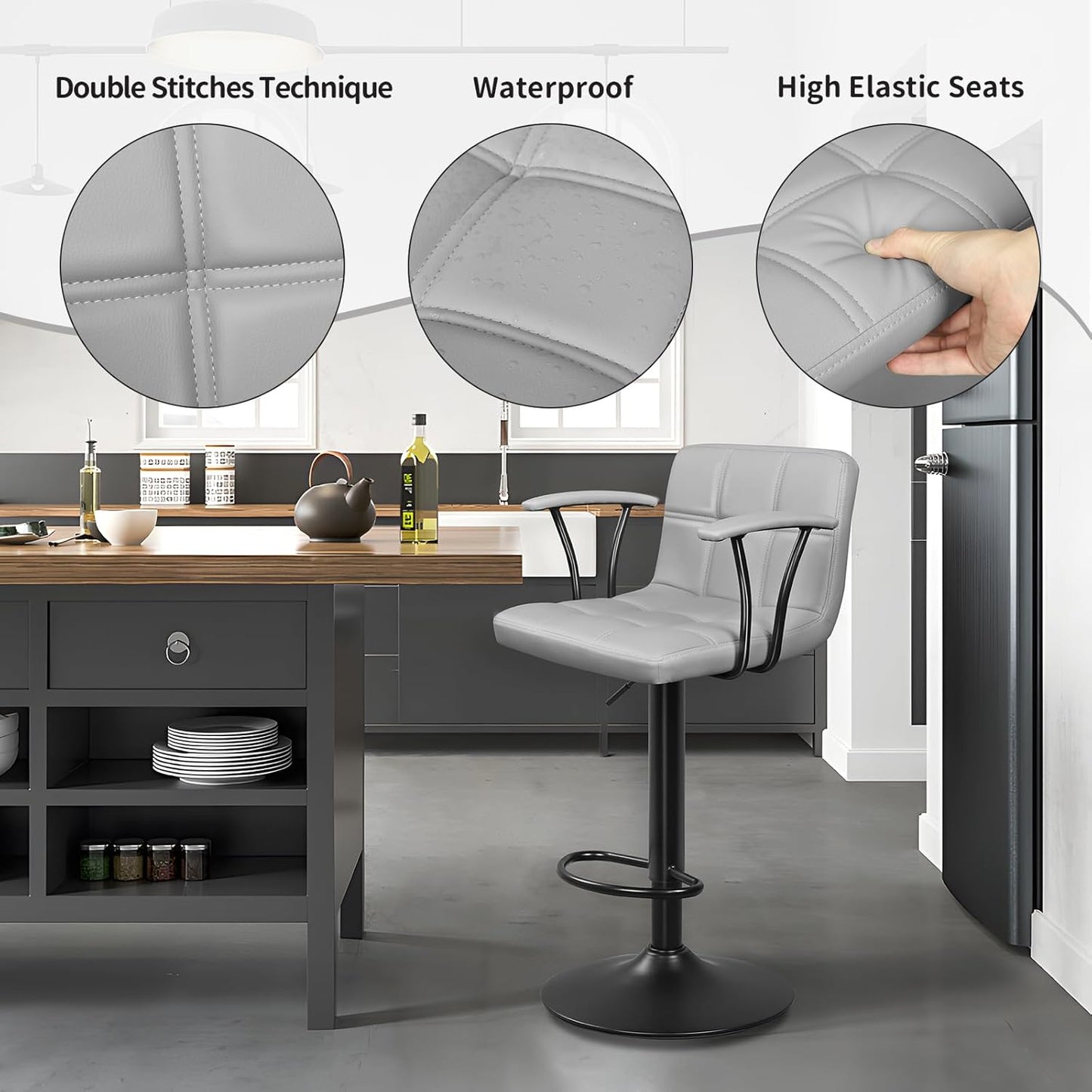 Bar Stools Set of 2, Armrest Adjustable Swivel Barstools with Back, Double Needle PU Leather Counter Height Chairs for Kitchen lsland (Light Grey)