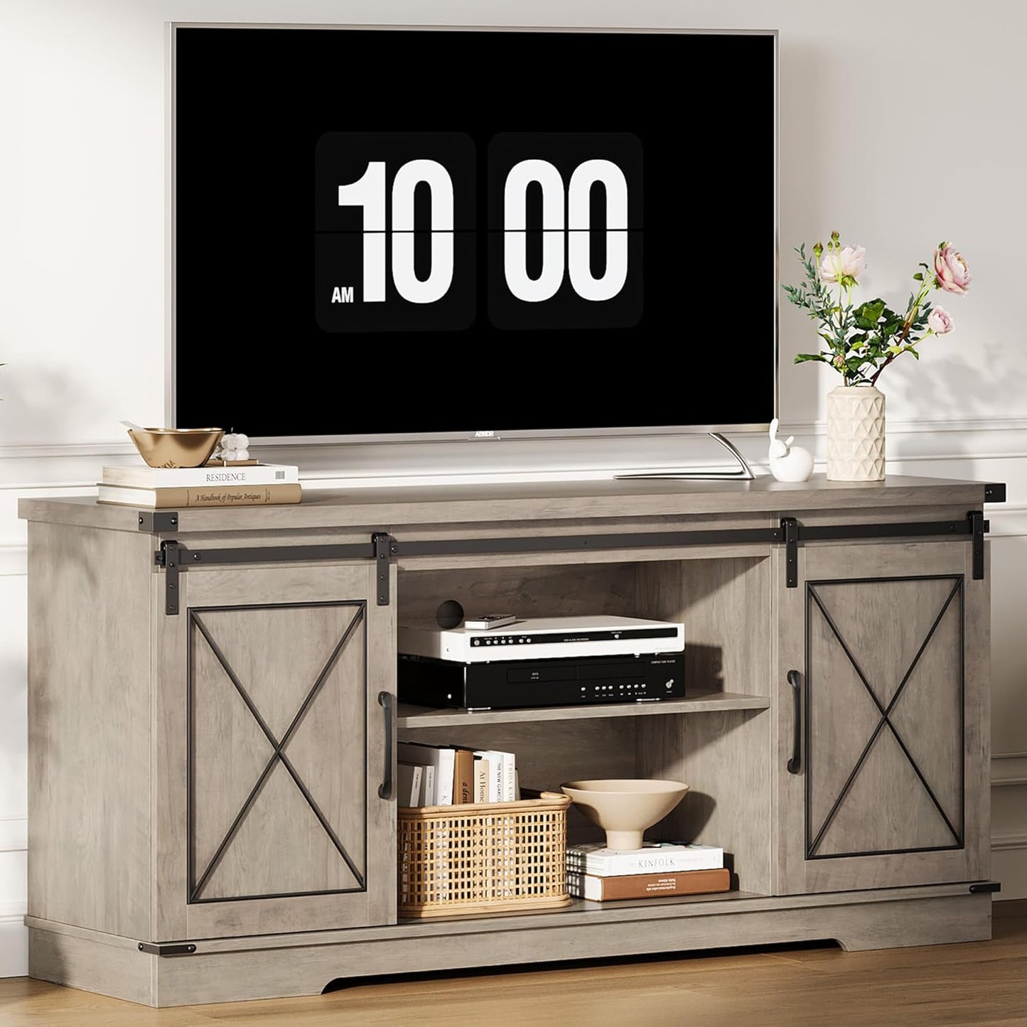 CABIHOME Farmhouse TV Stand and Entertainment Center for TV Up to 65 Inches with Sliding Barn Doors and Adjustable Shelf, TV Media Storage Console Table and Furniture for Living Room, Bedroom, Grey