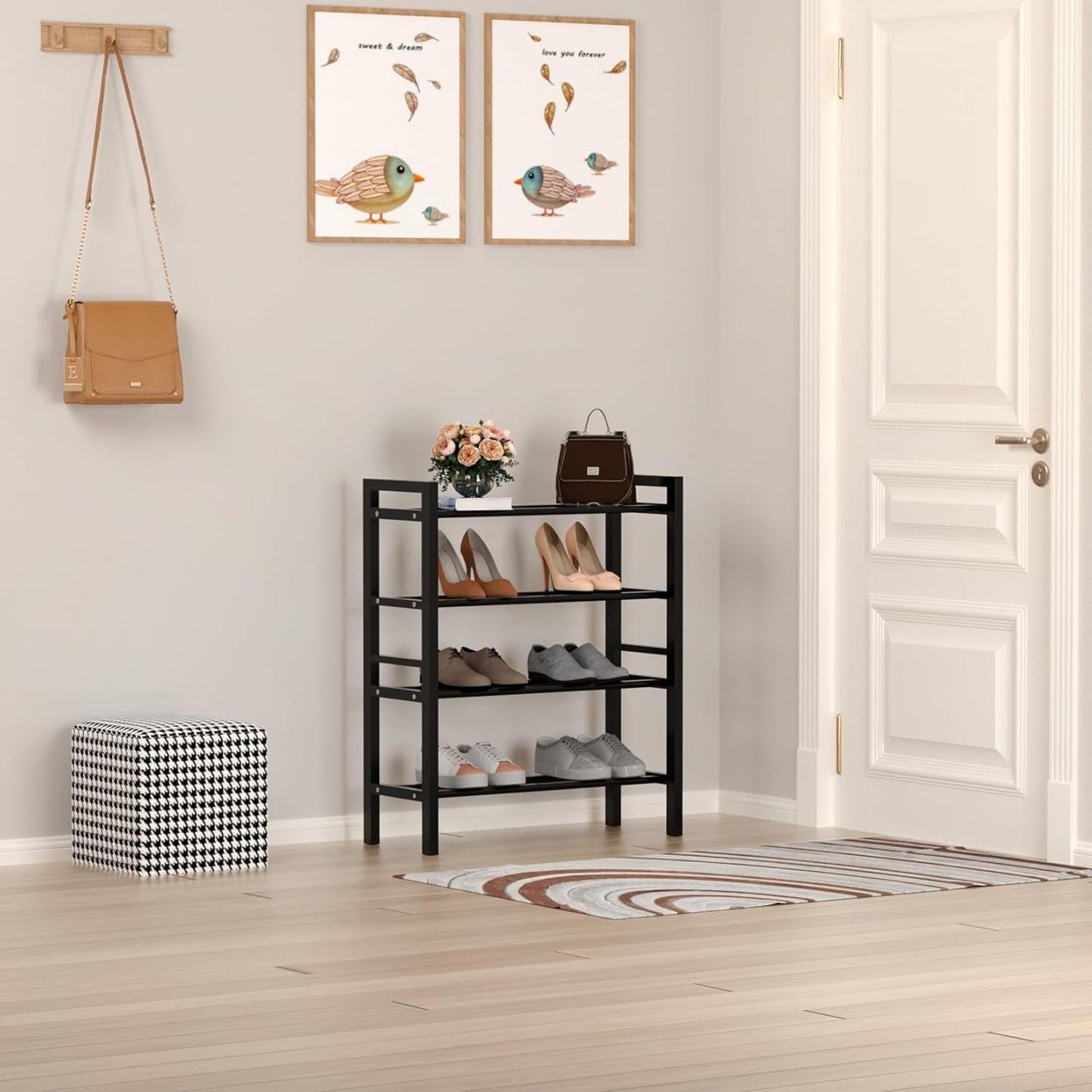 Haddockway Bamboo Shoe Rack for Closet, Free Standing Shoe Organizer with Smooth Round Rods & Convenient Handles, Stackable Shoe Storage Shelf for Entryway, Hallway(Black, 4-Tier(Small))