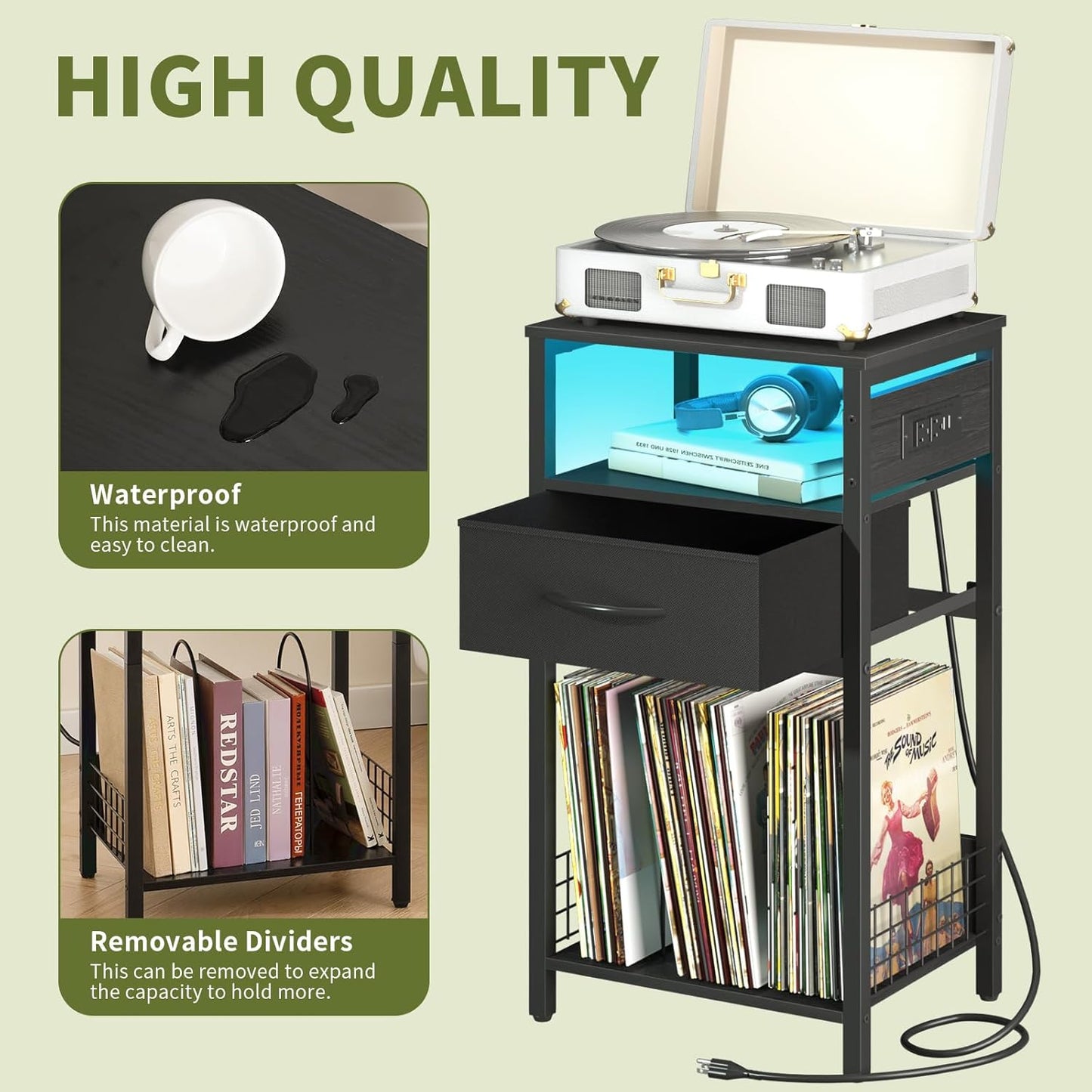 Yoobure Side Table - Night Stand with Charger Station & LED Light, 3 Tier Small End Table Living Room, Bedside Table with Drawer, Record Player Stand with Vinyl Storage, Black Nightstand for Bedroom