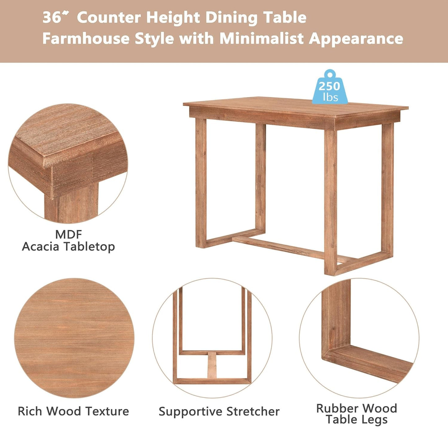 Merax Farmhouse Counter Height 5-Piece Dining Set with 1 Rectangular Table and 4 Upholstered Chairs for Small Places, Family Kitchen Furniture, Brown