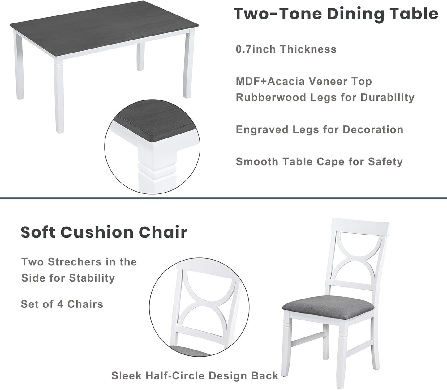Ball & Cast 6 Piece Wood Dining Table Set,Kitchen Table Set with Upholstered Bench and 4 Dining Chairs,Farmhouse Living Room Furniture w/Carved Legs & Round Backrest,for Dining Room,Gray+White