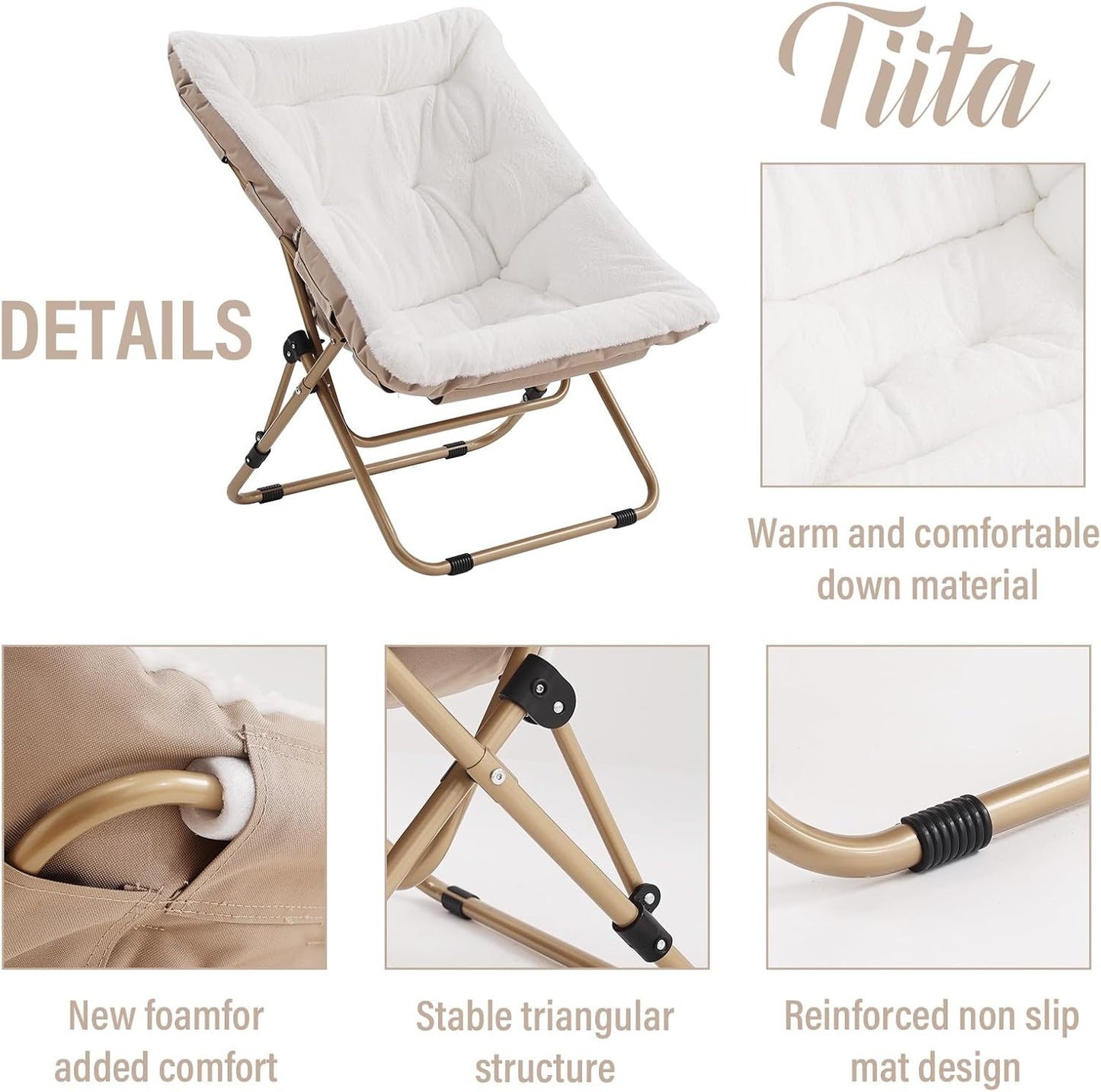 Tiita Folded Chair with Ottoman, Soft Faux Fur Oversized Folding Accent Chair,Lounge Lazy Chair, Metal Frame Moon Chair for Bedroom, Living Room, Dorm Rooms, Garden and Courtyard