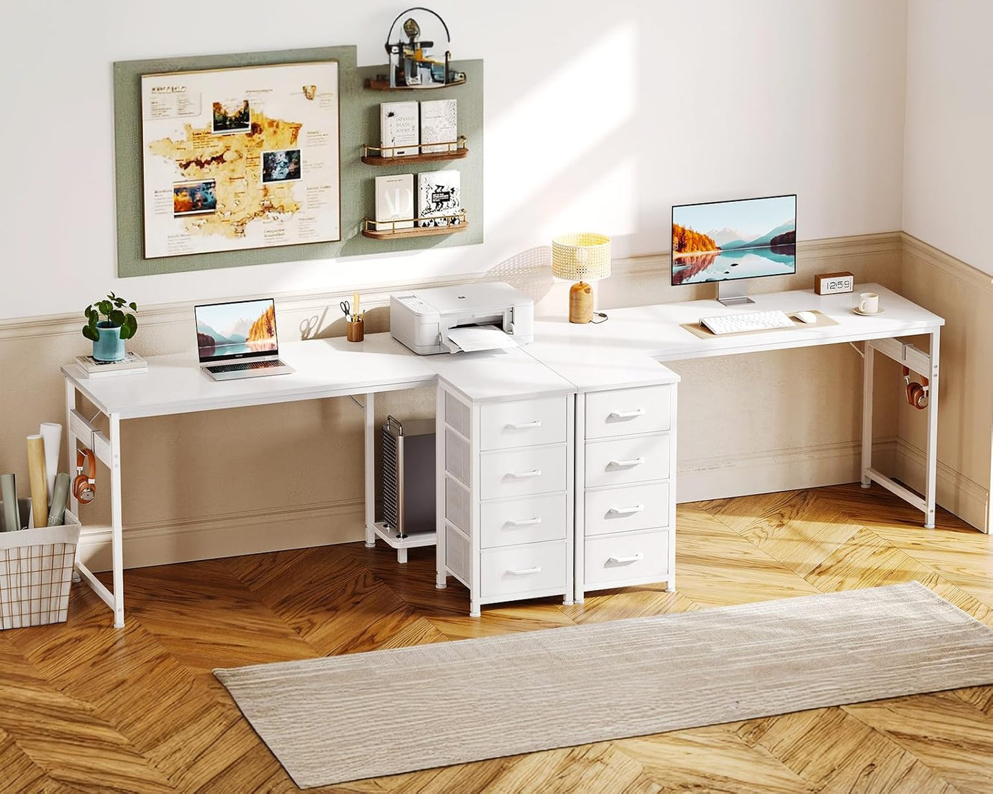 Casaottima L Shaped Desk with 4 Drawers, 47" White Computer Desk with Storage, Reversible Kids Study Table with CPU Stand & Hook, Corner Work Table for Home Office