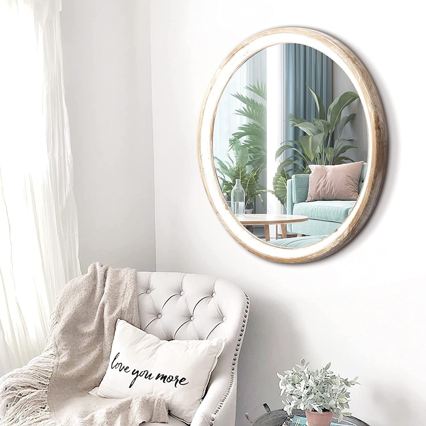24 Inches Wooden Round Wall Mirror for Bathroom Vanity, Farmhouse Decorative Circle Mirrors with Whitewash Edge, for Bedroom, Entryway, Living Room, Kithen, Home, Office
