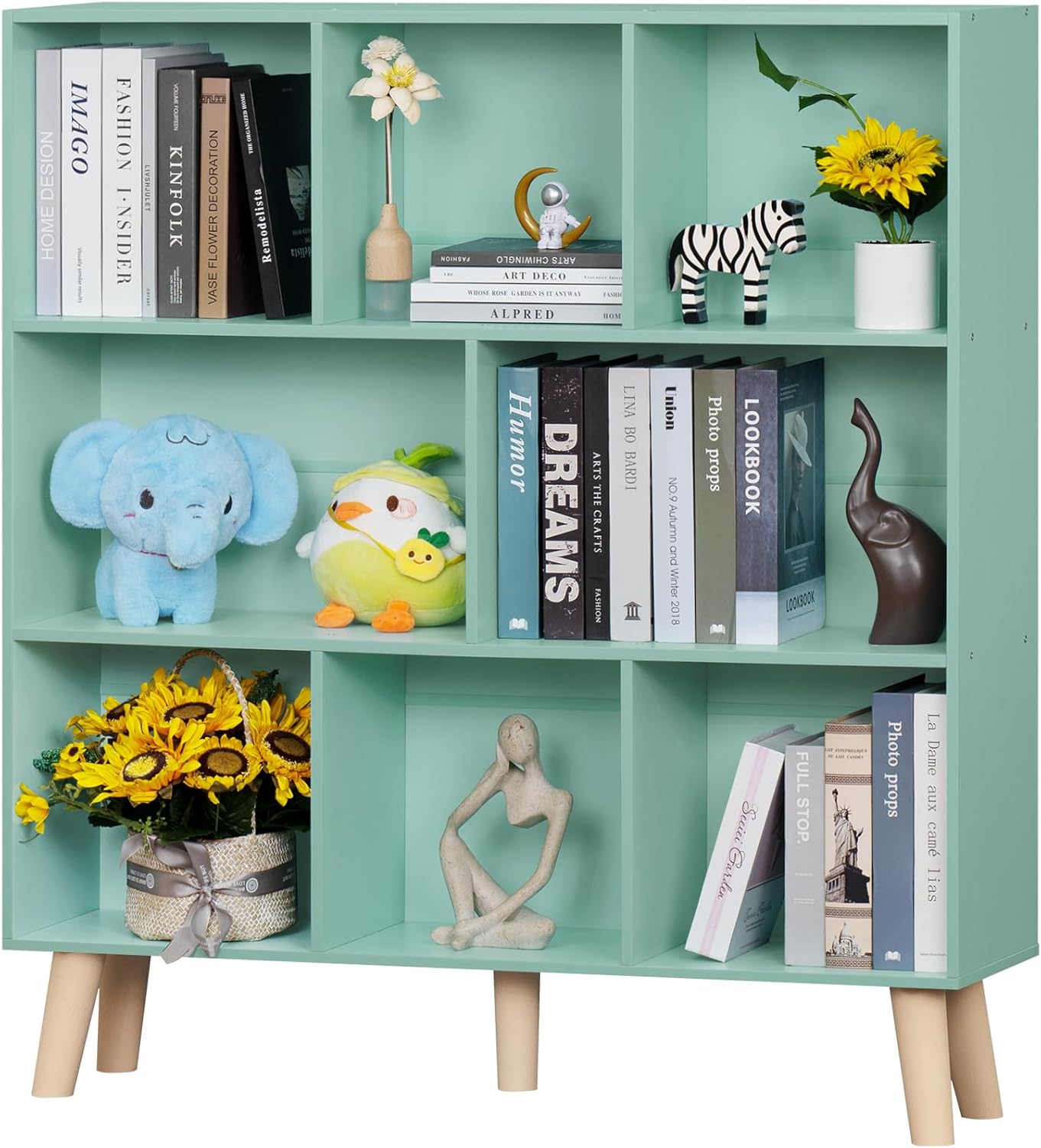LEYAOYAO 8 Cube Bookshelf 3-Tier Bookcase with Legs, Mint-Green Kids Book Shelf Cute Storage Organizer, Large Open Toy Shelves Modern Bookshelves,Display Bookcases for Bedroom,Living Room,Nursery