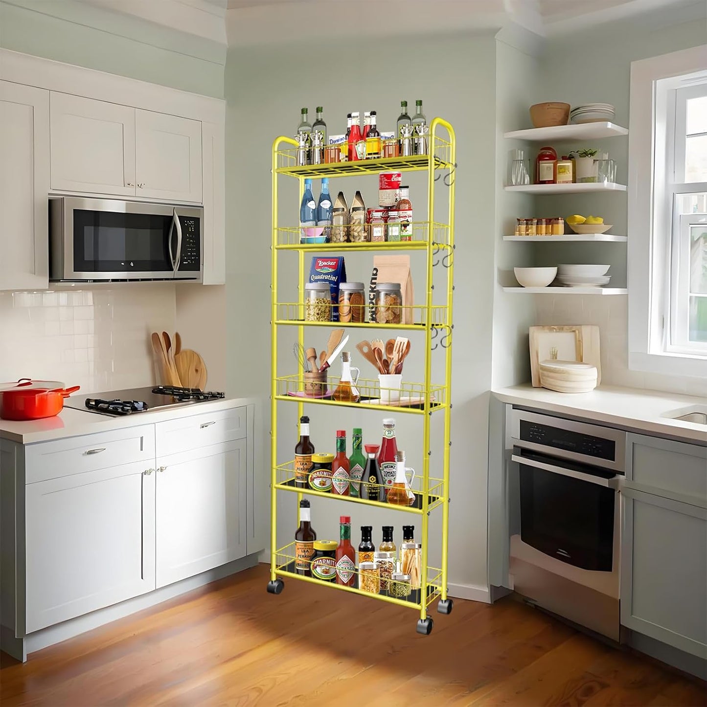 6-Tier Slim Storage Cart with Wheels,6in Narrow Rolling Shelf,Sturdy Slim Storage Ideal for Kitchen, Bathroom, and Laundry Room, Yellow