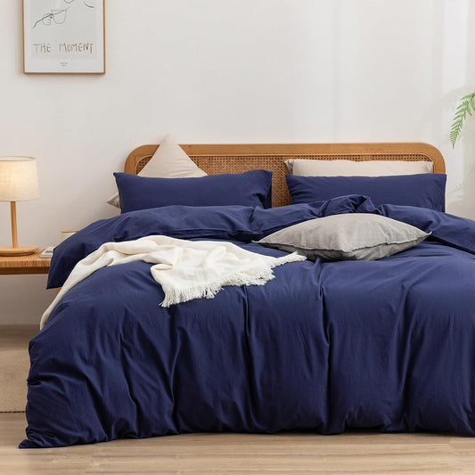 BESTOUCH Duvet Cover Set 100% Washed Cotton Linen Feel Super Soft Comfortable Chic Lightweight 3 PCs Home Bedding Set Solid Navy Blue Super King Plus