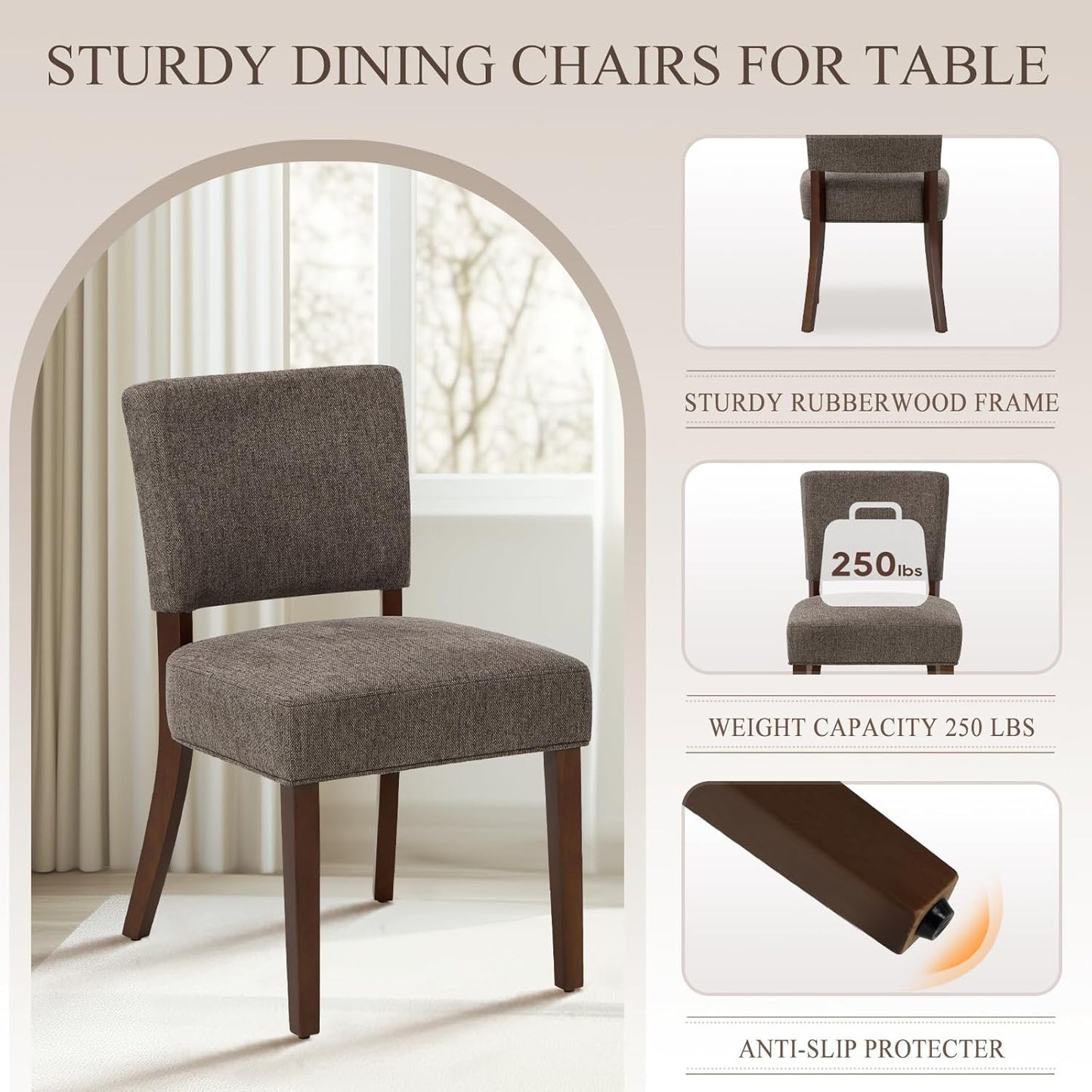 COLAMY Mid Century Modern Dining Chairs Set of 6, Upholstered Kitchen Chairs with Back, Farmhouse Fabric Side Dining Room Chairs with Wood Legs for Dining Room Kitchen Restaurant, Brown