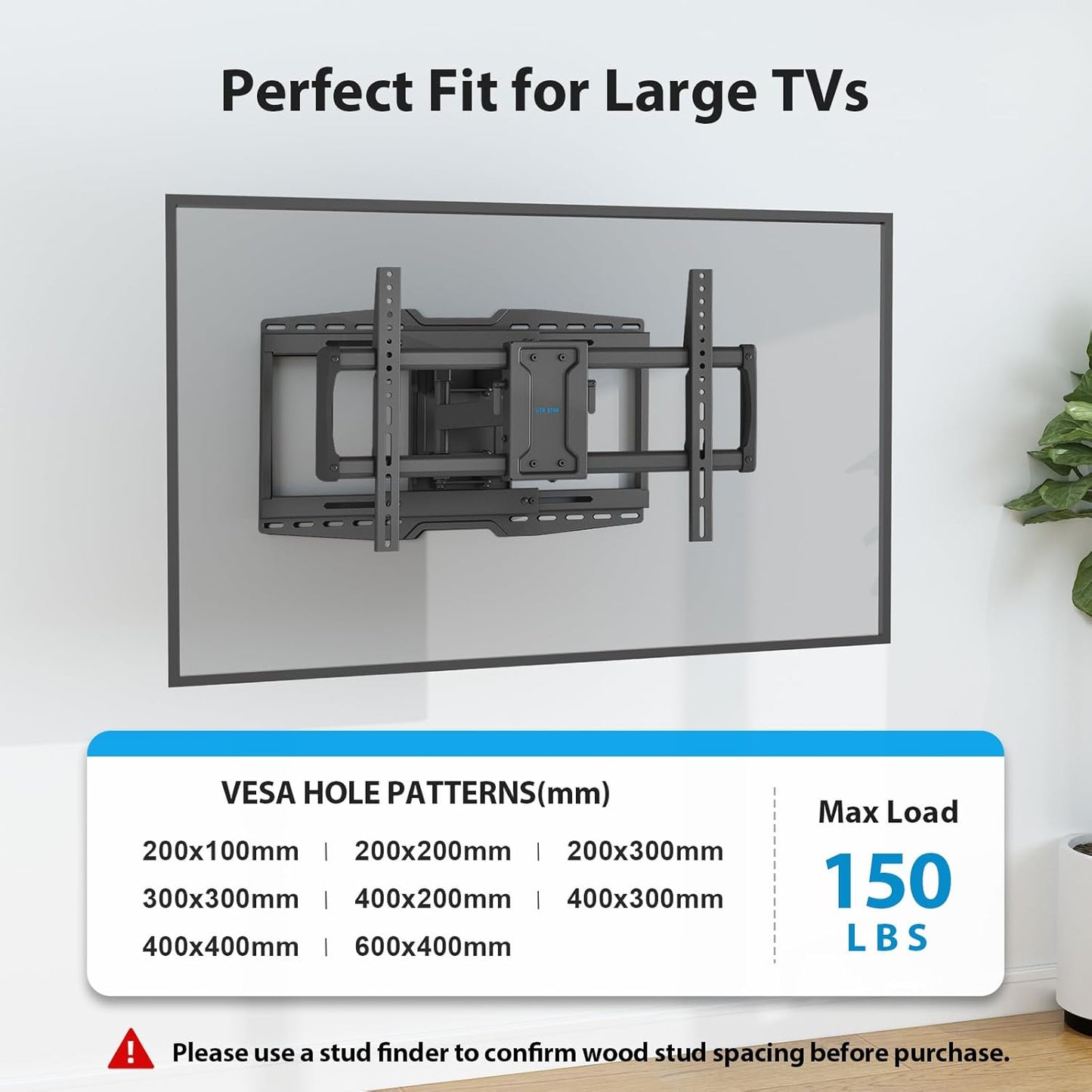 32-90" Full Motion Sliding TV Wall Mount, Fits 16" 18" 24" Wood Studs, Wall Mount TV Bracket with Smooth Swivel, Tilt, Extension, Holds up to 150lbs, Max VESA 600x400mm, Fit Most 75 85 86 TVS