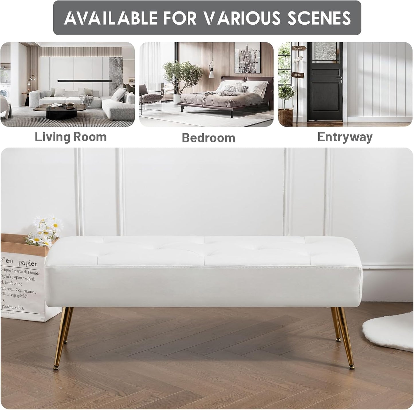 Furniliving Modern PU Leather Benches, Upholstered Tufted Leather Bedroom Ottoman 44" Ottoman Bench with X-Shaped Metal Legs for Makeup Room, Solid Bed Bench for Foyer, IvoryWhite