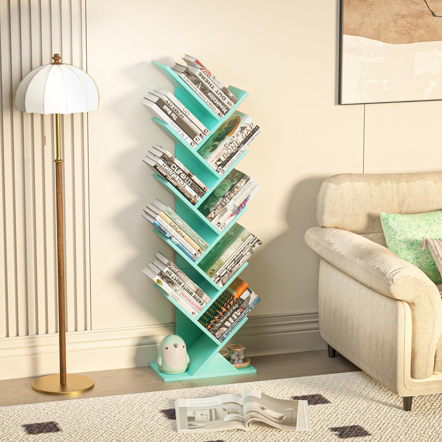 10 Tier Tree Book Shelf, Floor Standing Wood Bookshelf for Narrow Space, Storage Organizer Bookshelves for Books/CDs/Magazine, Bookcase with Shelves for Home Office, Living Room - Green