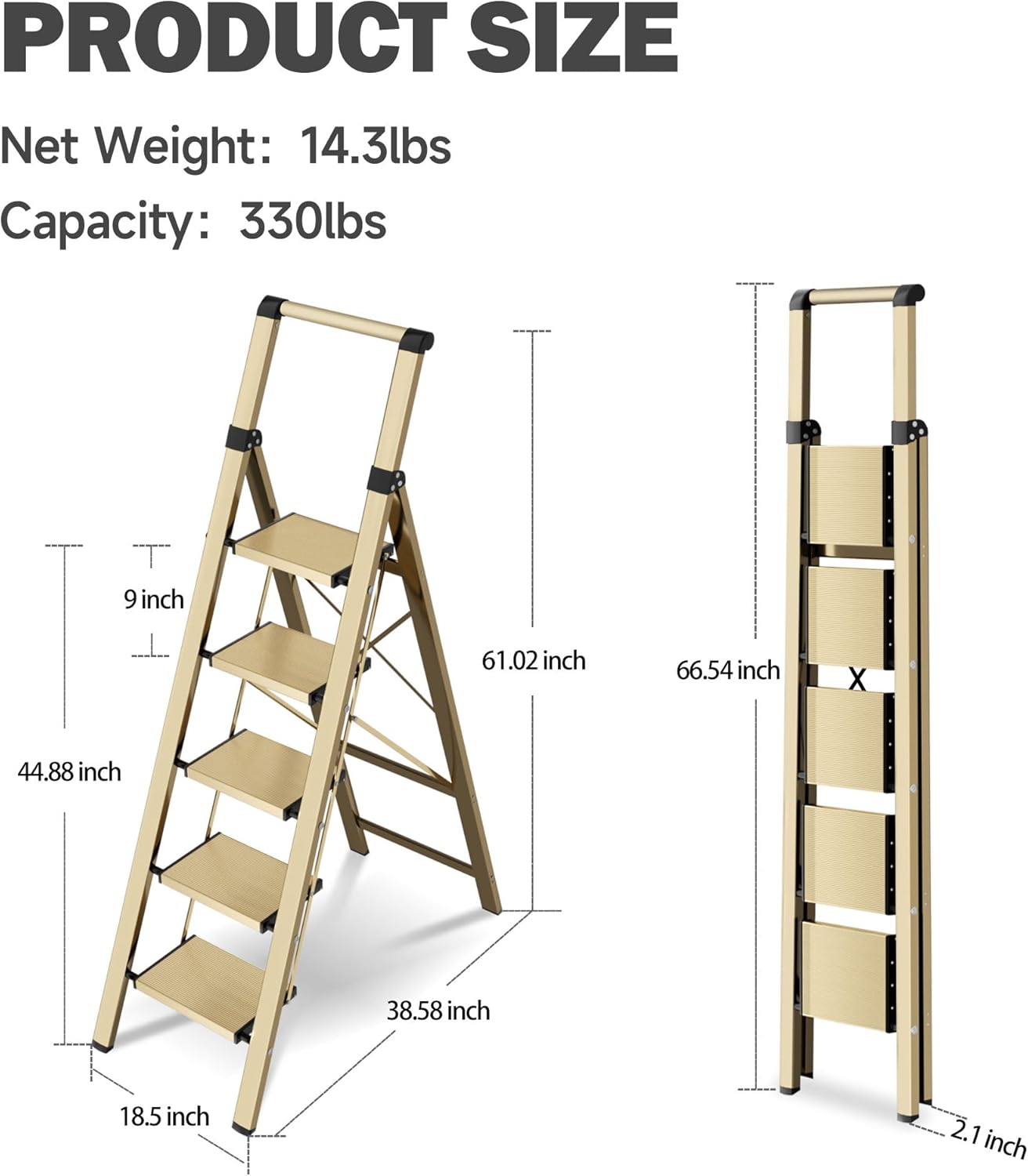 5 Step Step Ladder,Lightweight Folding Step Stool with Anti-Slip Aluminum Wide Pedal&Convenient Handgrip,Steel Ladder for Household and Office(Gold)