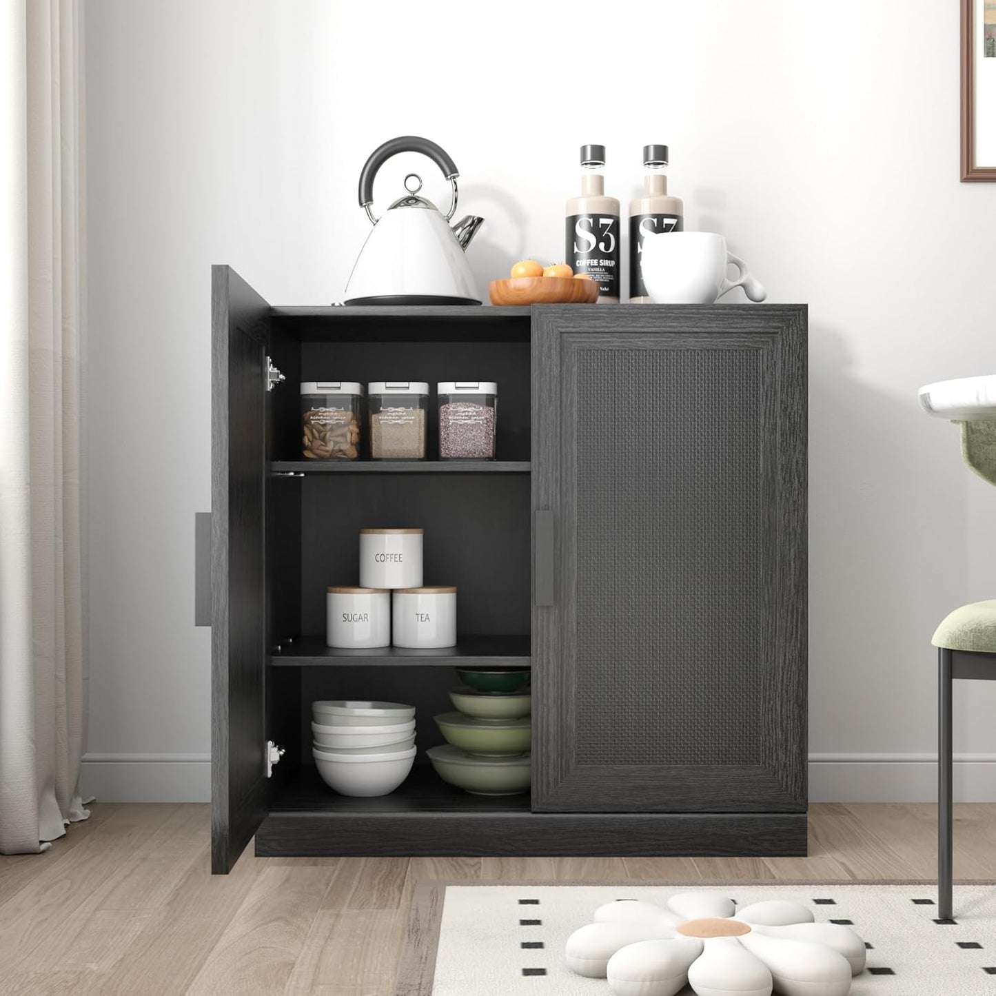 Buffet Cabinet, 2-Doors Sideboard Cabinet with Rattan Panels, Buffet Console Accent Table for Hallway Entryway Dining Room, 31", Black