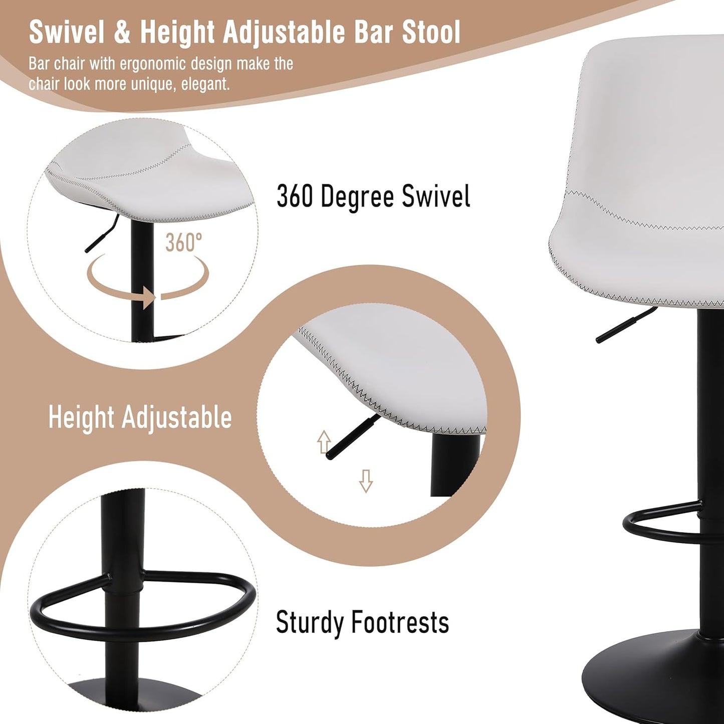 Bar Stools, Swivel Counter Height Barstools with Back, Adjustable Modern Bar Chairs, Tall Armless PU Leather Kitchen Island Stool (White, Set of 2)