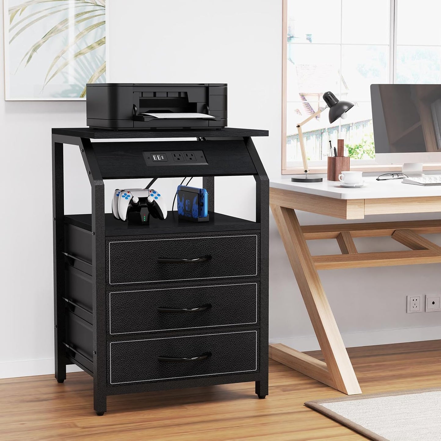 End Tables Set of 2, Nightstands with Charging Station and LED Lights, 3 Drawers Fabric Dressers, Storage Side Tables for Bedside, Living Room, Modern Black