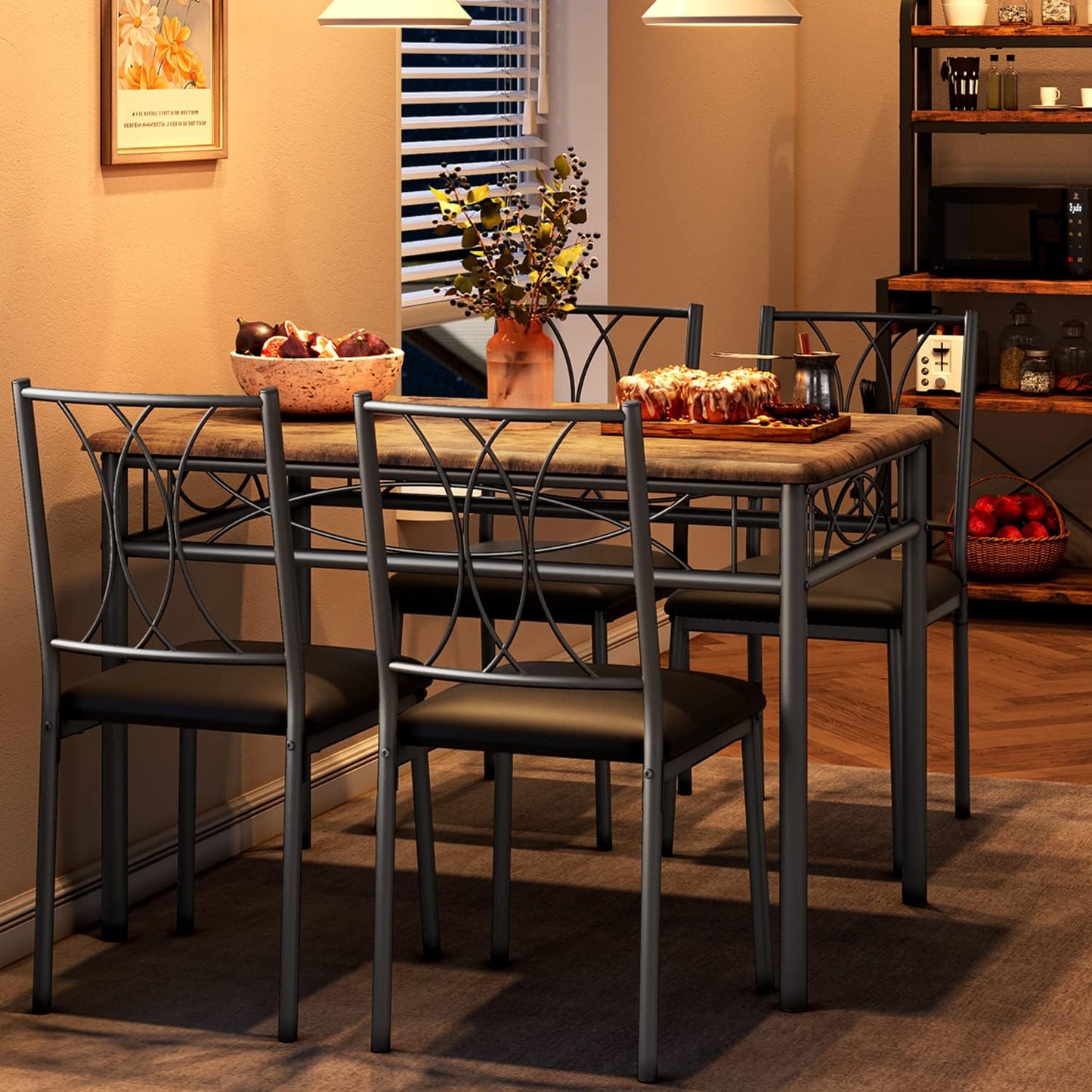 Dining Table Set for 4, Compact Kitchen Table with 4 Upholstered Chairs, 5-Piece Kitchen Table Set for Small Space, Dining Room, Apartment, Retro Brown