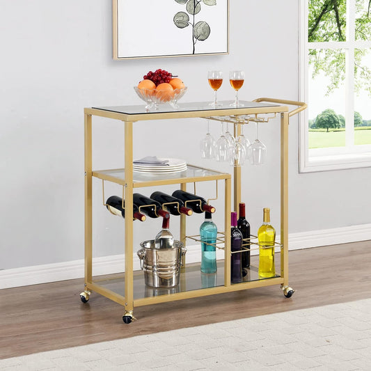 Rolling Bar Carts Gold with Wheels,Home Bar Serving Cart with Glass Wine Holders 3 Tier for Kitchen Home, Party,Dining Room