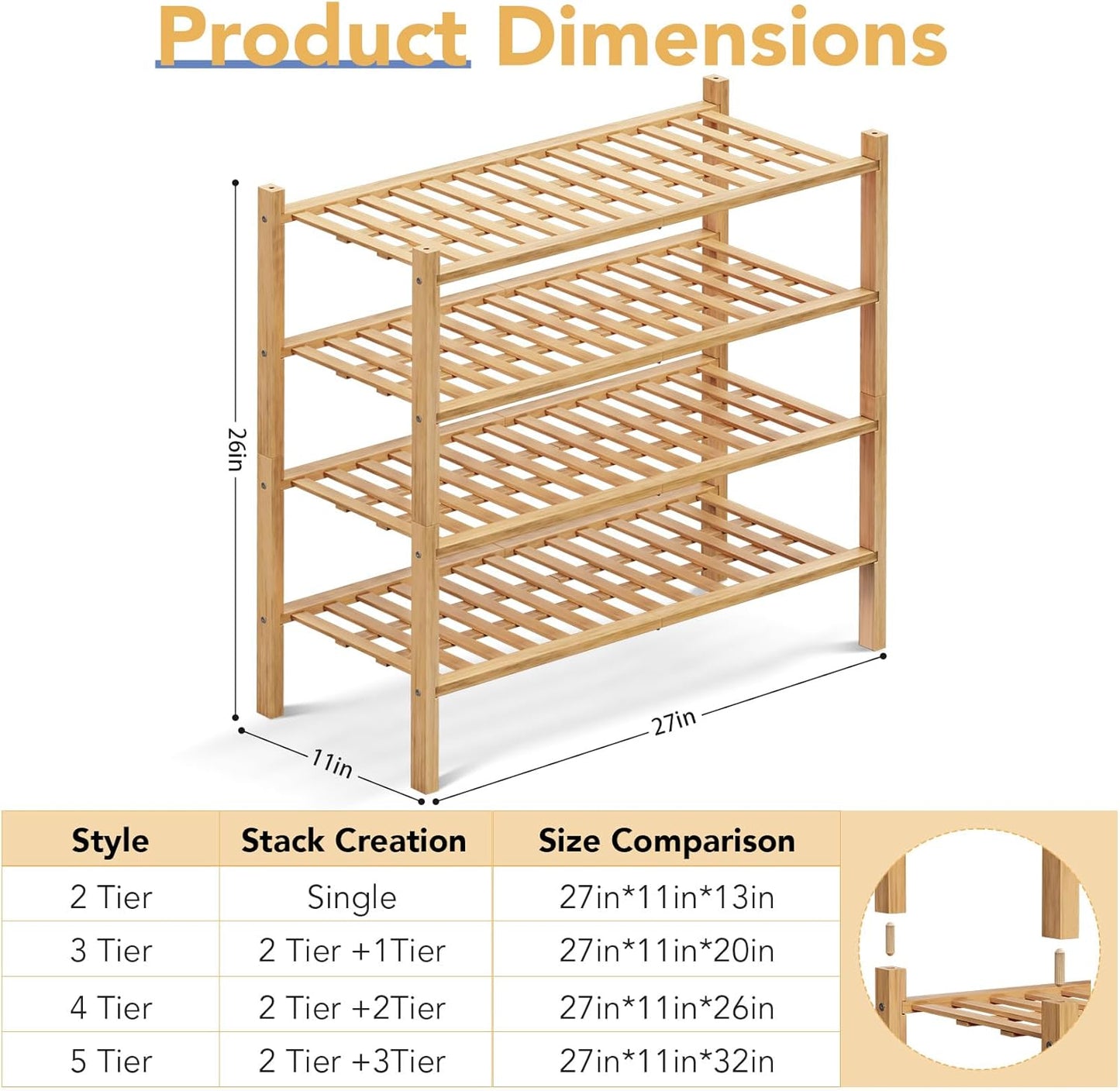 Haddockway 4 Tier Bamboo Shoe Rack Storage Organizer, Multifunctional Free Standing Stackable Shoe Shelf with Grid Panel for Closet,Hallway,Entryway,Small Space 27"x11"x26" (Natural, 4 Tier)
