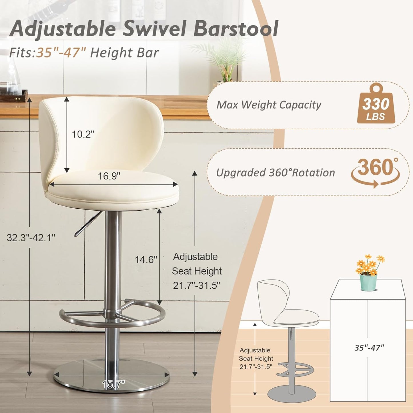 Bar Stools Adjustable Stainless Steel Swivel Barstool with Back and Footrest Leather Upholstered Bar Chairs for Home,Kitchen,Bar, Counter (Beige, 1pc)