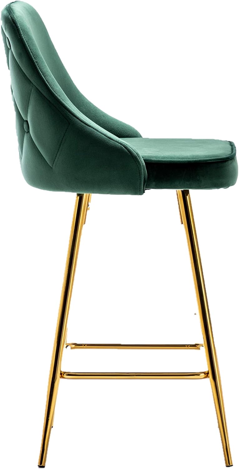 BTEXPERT Set of 2 Pack, upholstered Dining Bar Chairs Footrest High Back Counter Height Barstools Stool, Tufted Green Velvet Gold Frame 25" Modern Kitchen Island