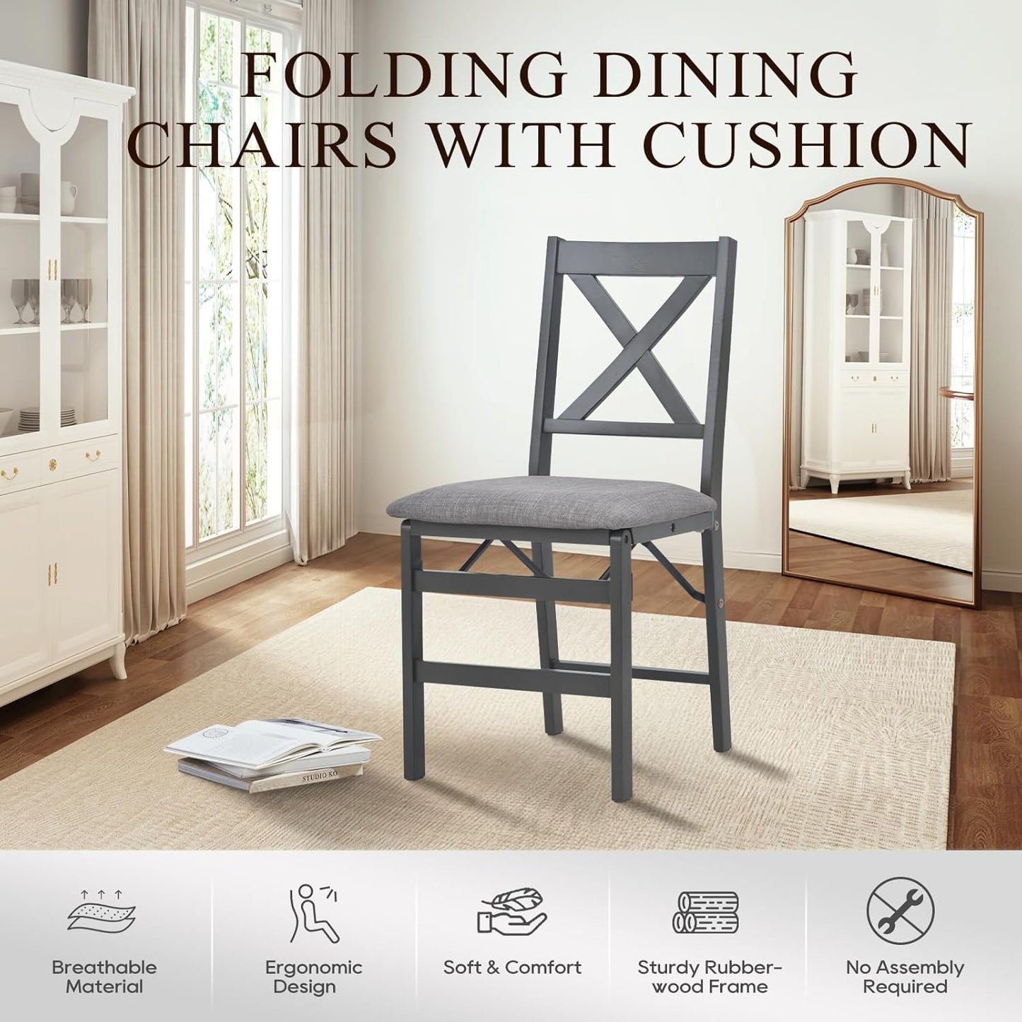 COLAMY Folding Dining Chairs Set of 4 – Dark Grey Upholstered Dining Room Chairs with Wooden Frame, Pre-Assembled, Space Saving Modern Kitchen & Dining Room Furniture for Small Spaces