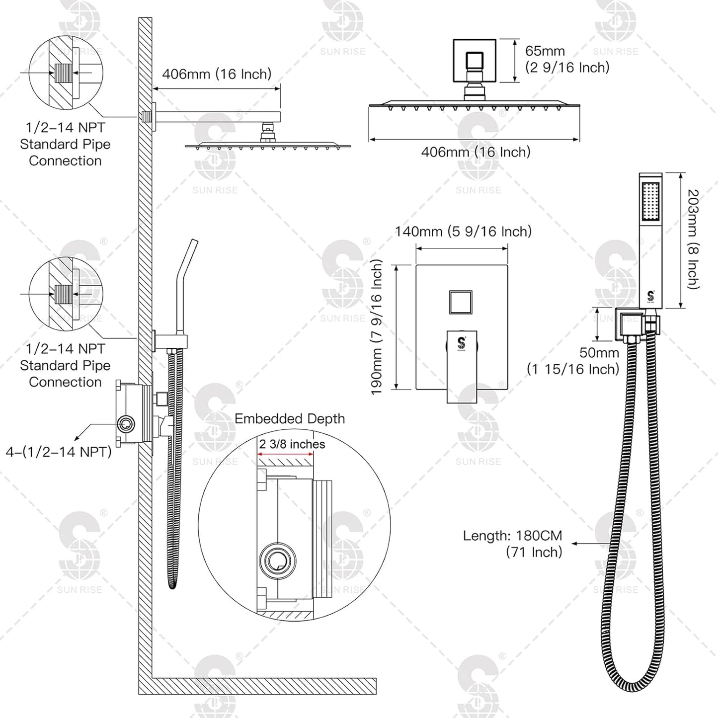 SR SUN RISE Polished Chrome Square Rainfall Shower Head and Handle Set, Wall Mounted Shower Fixtures, Metal Shower Faucet Trim Repair Kits (With Shower Valve) 16 Inches