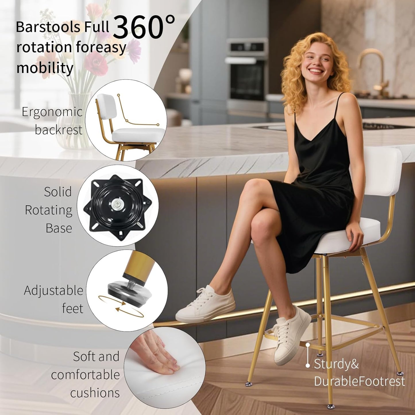 Swivel Counter Height Bar Stools Set of 2, Faux Leather Bar Stools with Back, Metal Legs and Footrest, 26" Seat Height Barstools for Kitchen Islands and Home Bars, Easy Assembly, White&Gold