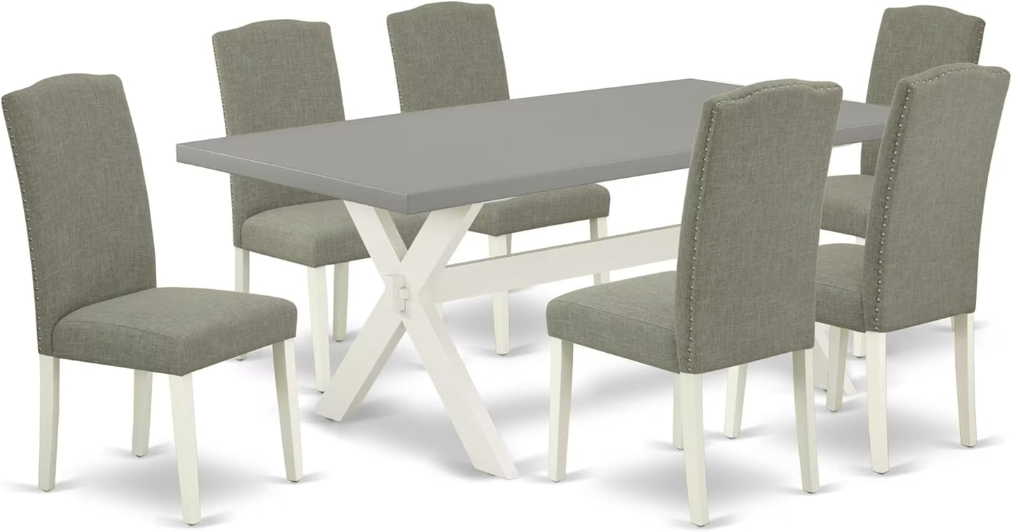 East West Furniture X097EN206-7 7 Piece Dining Room Table Set Consist of a Rectangle Kitchen Table with X-Legs and 6 Dark Shitake Linen Fabric Parson Dining Chairs, 40x72 Inch, Multi-Color