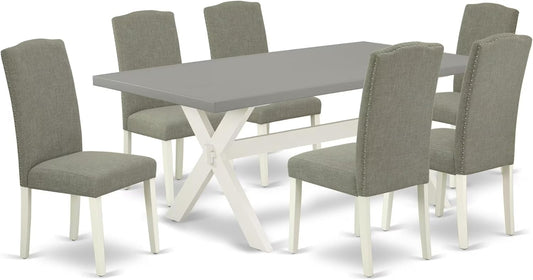 East West Furniture X097EN206-7 7 Piece Dining Room Table Set Consist of a Rectangle Kitchen Table with X-Legs and 6 Dark Shitake Linen Fabric Parson Dining Chairs, 40x72 Inch, Multi-Color