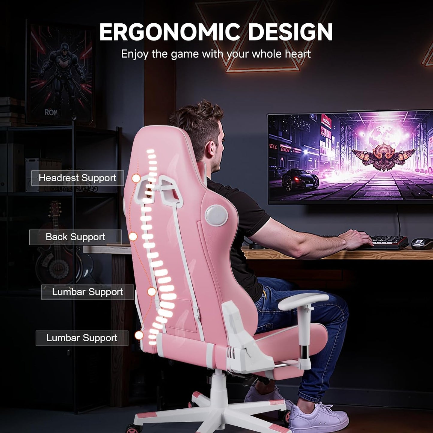 GTPLAYER Gaming Chair with Bluetooth Speakers and Footrest, Ergonomic Gamer Chair with Reclining Backrest, 3D Armrests, Adjustable Seat Height, Computer Desk Chair for Adults (Pink)