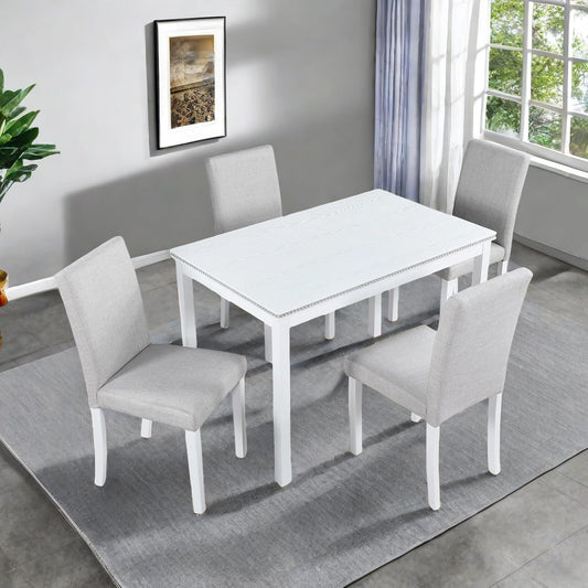 Dining Table Set, 5 Piece Counter Height Table Set with Rectangular Table and 4 Upholstered Chairs, Wooden Dinner Set with Crystal Decoration, Dining Chair with Footrest, Beige&White