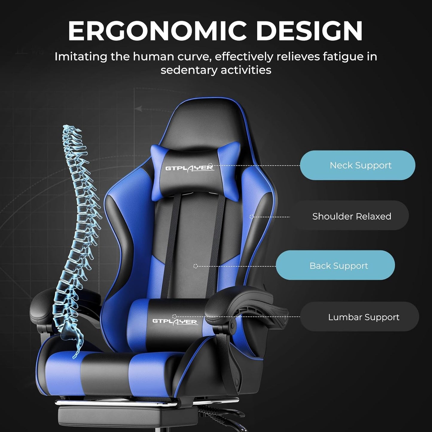 GTPLAYER Gaming Chair, Computer Chair with Footrest and Lumbar Support, Height Adjustable Game Chair with 360°-Swivel Seat and Headrest and for Office or Gaming (Faux Leather, Blue)