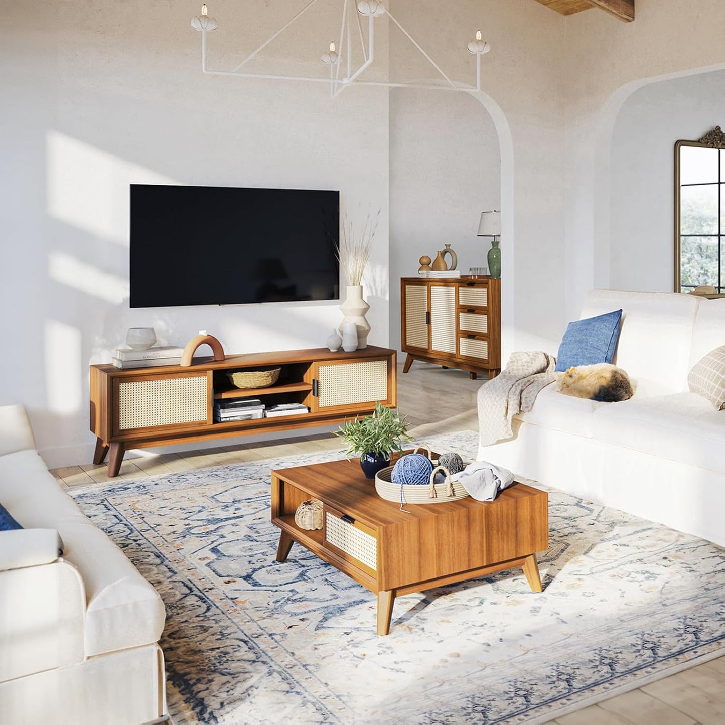 Bme Solid Wood Jasper Coffee Table with Storage, Accent Rattan Design, Good Choice for Living Room, Dark Chocolate