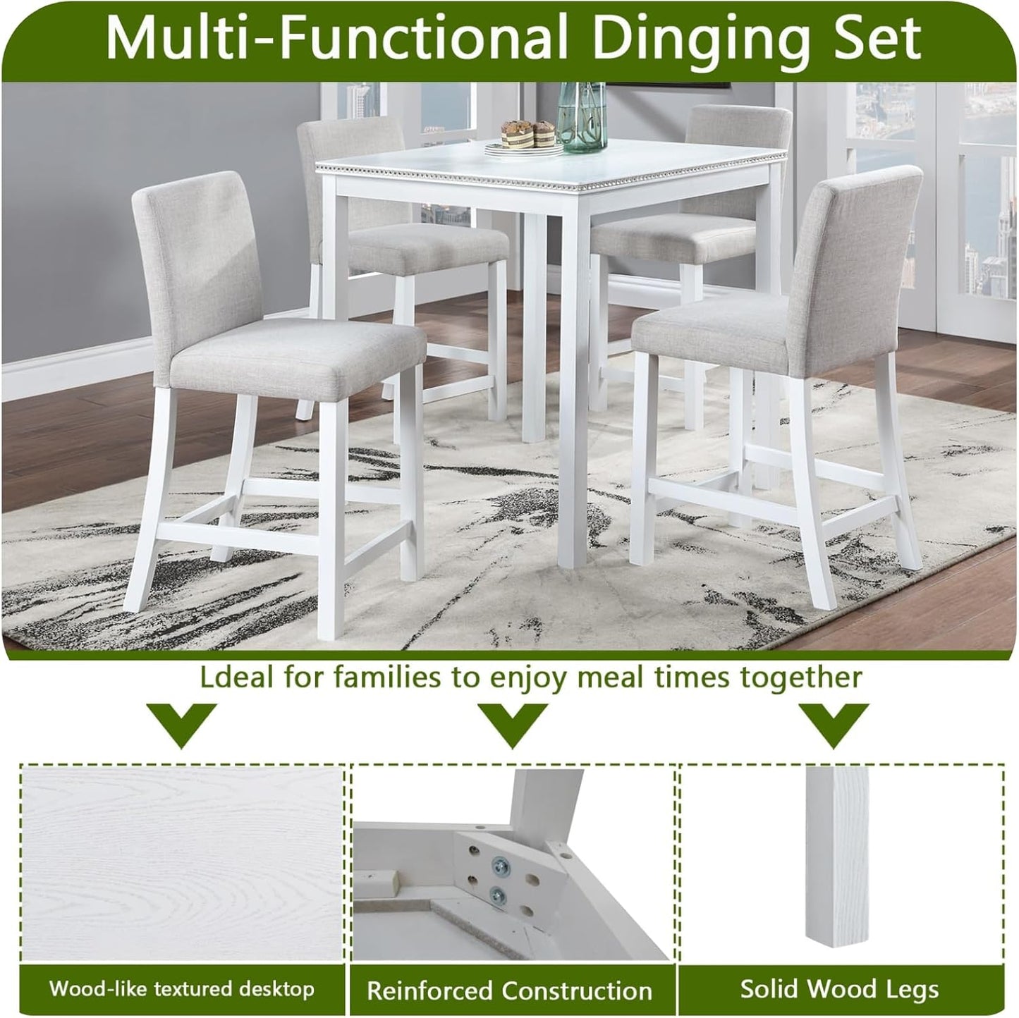 Dining Table Set for 4, Counter Height, Square, White - Easy to Assemble, Includes 4 Upholstered Chairs for Living, Dining, Guest Room